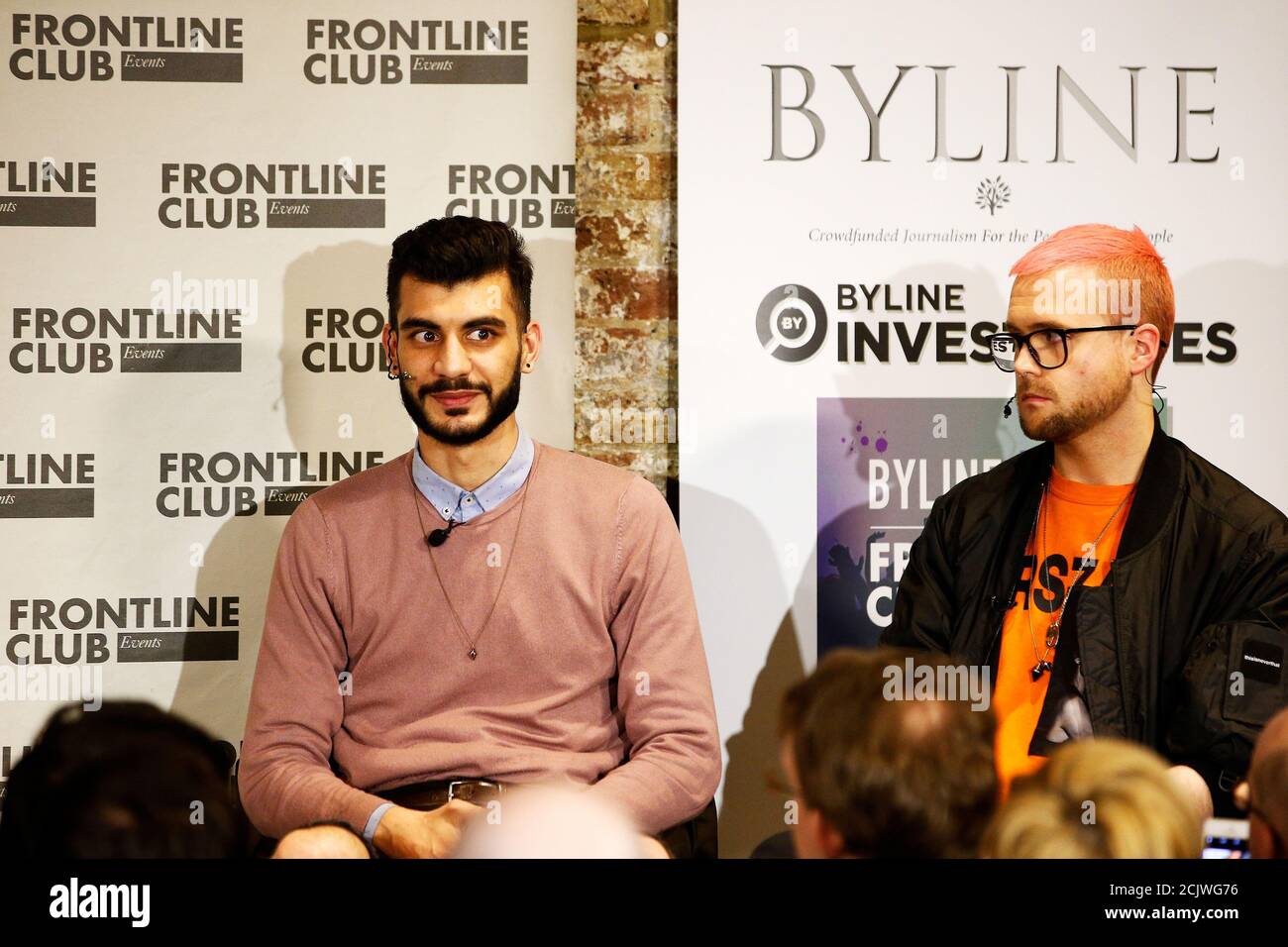 Shahmir Sanni, a former volunteer with the Vote Leave group and Christopher  Wylie, a whistleblower who formerly worked with Cambridge Analytica, speak  at the Frontline Club in London, Britain, March 26, 2018.