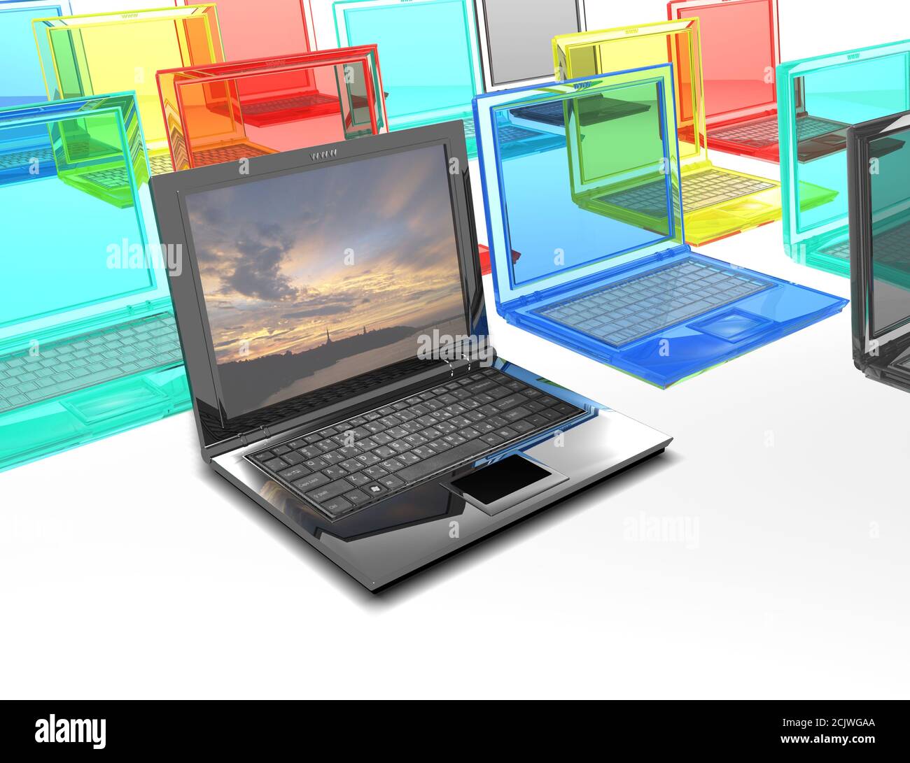 Laptops. Multicolored laptops. Laptop advertising. 3D render of