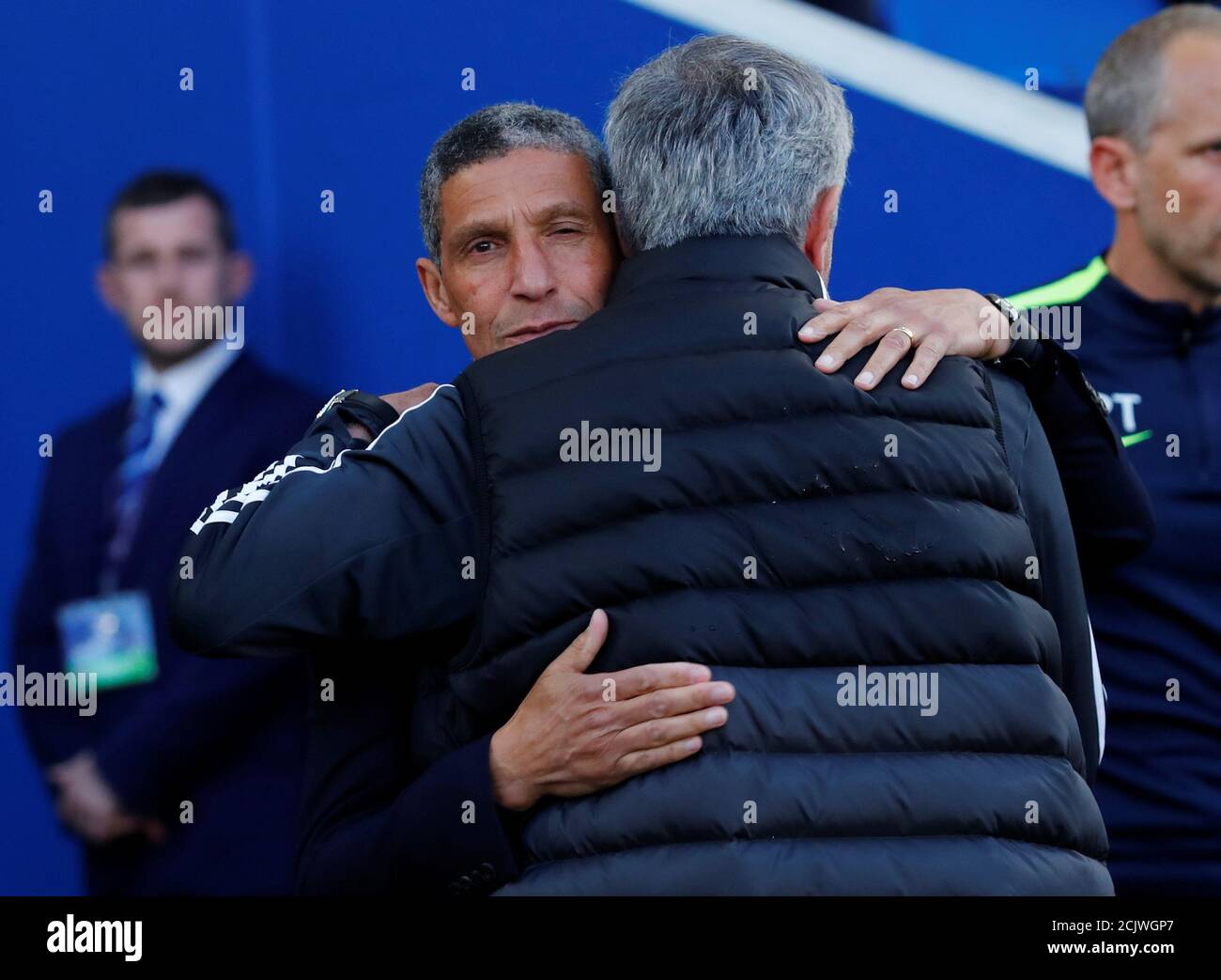Soccer Football - Premier League - Brighton & Hove Albion v Manchester United - The American Express Community Stadium, Brighton, Britain - May 4, 2018   Manchester United manager Jose Mourinho and Brighton manager Chris Hughton before the match   REUTERS/Eddie Keogh    EDITORIAL USE ONLY. No use with unauthorized audio, video, data, fixture lists, club/league logos or "live" services. Online in-match use limited to 75 images, no video emulation. No use in betting, games or single club/league/player publications.  Please contact your account representative for further details. Stock Photo