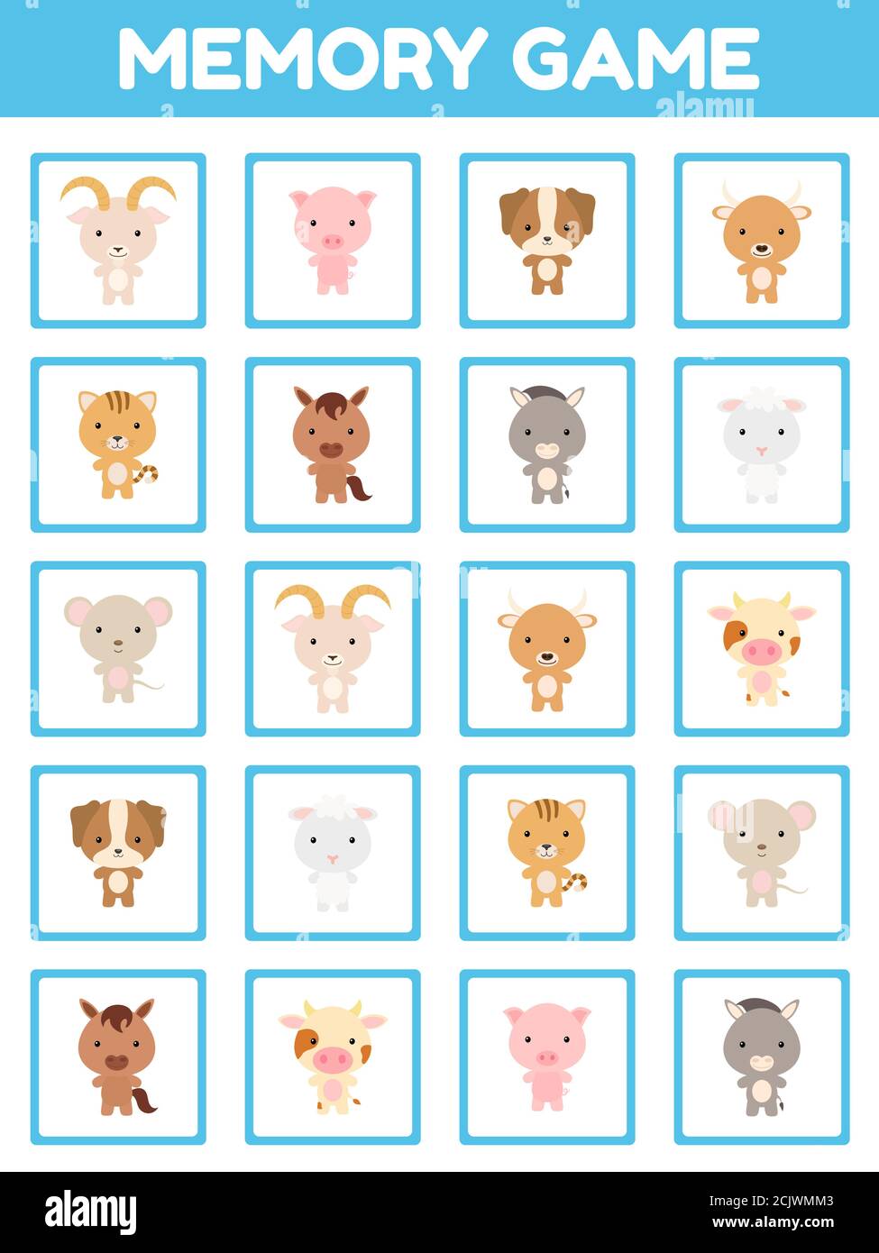 Memory game with cute set cartoon animals. Cards game find two two identical pictures. Kids activity page for book. Education developing worksheet. Lo Stock Vector