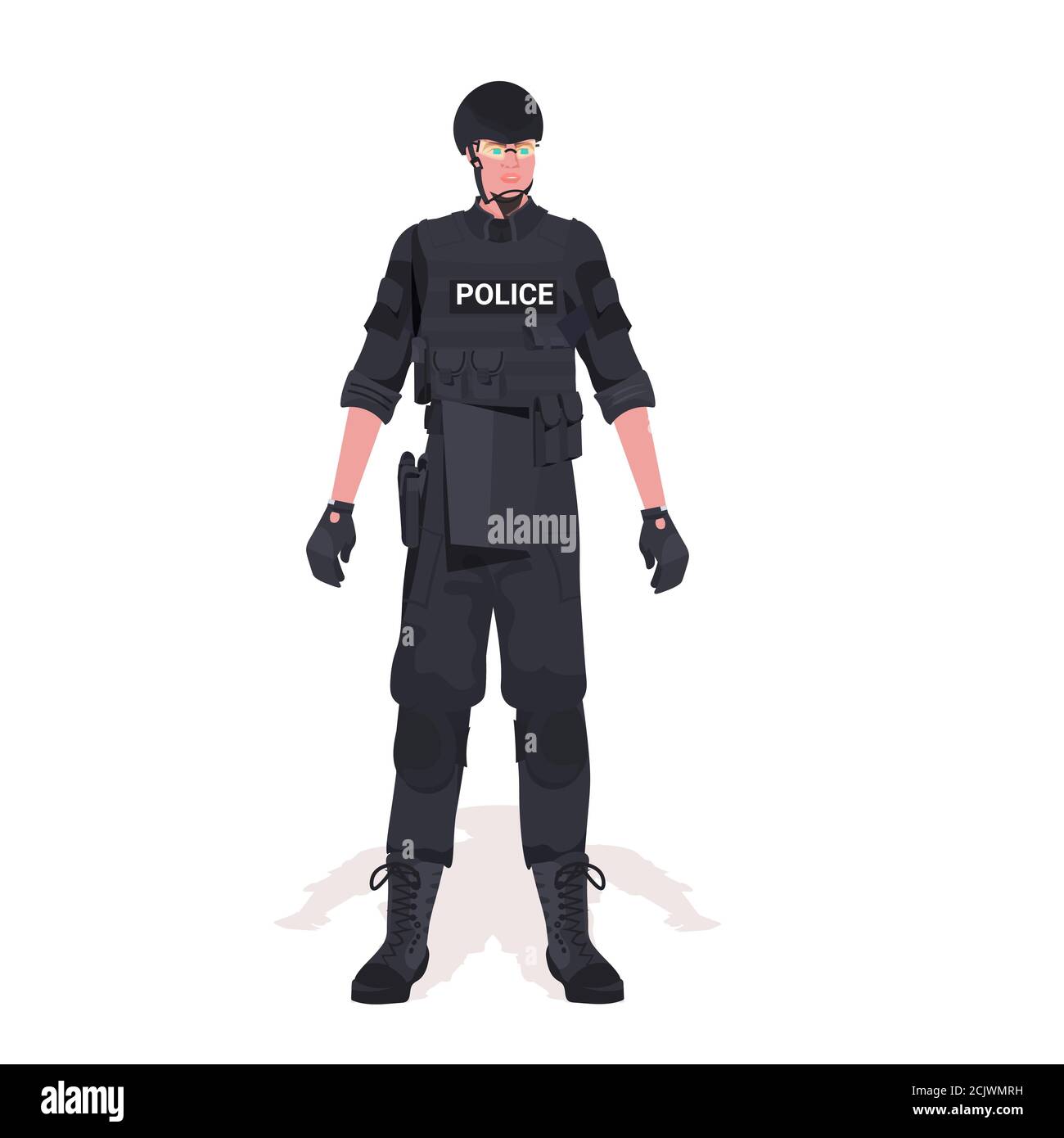 policeman in full tactical gear riot police officer and protesters and demonstration riots mass control concept full length vector illustration Stock Vector