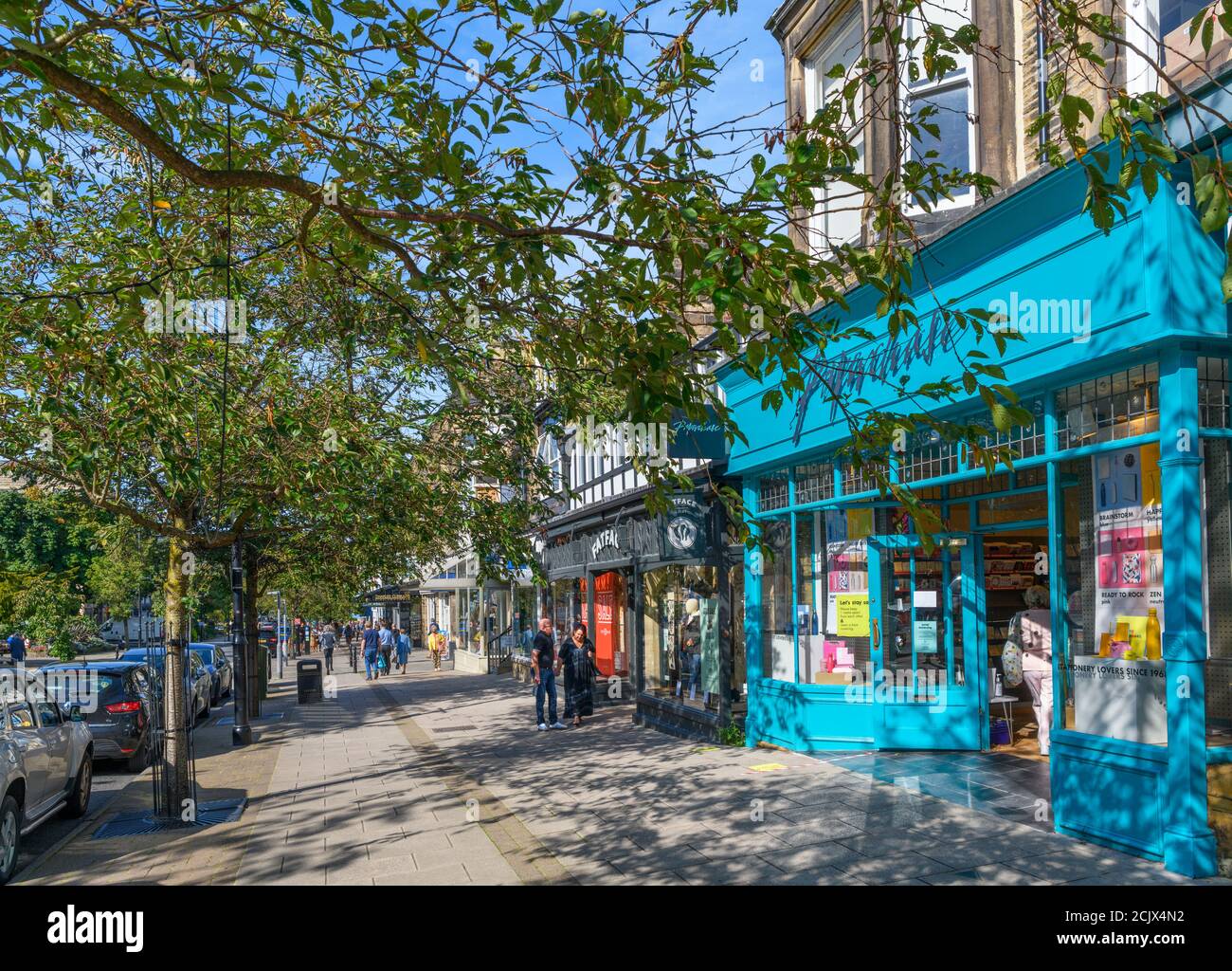 Shops on The Grove, the main street in Ilkley, North Yorkshire, England
