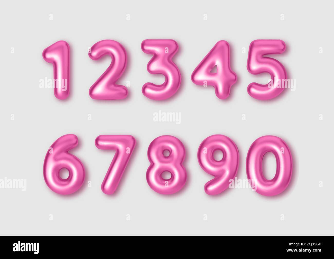 Realistic 3d font color pink numbers. Number in the form of metal balloons.  Stock Vector