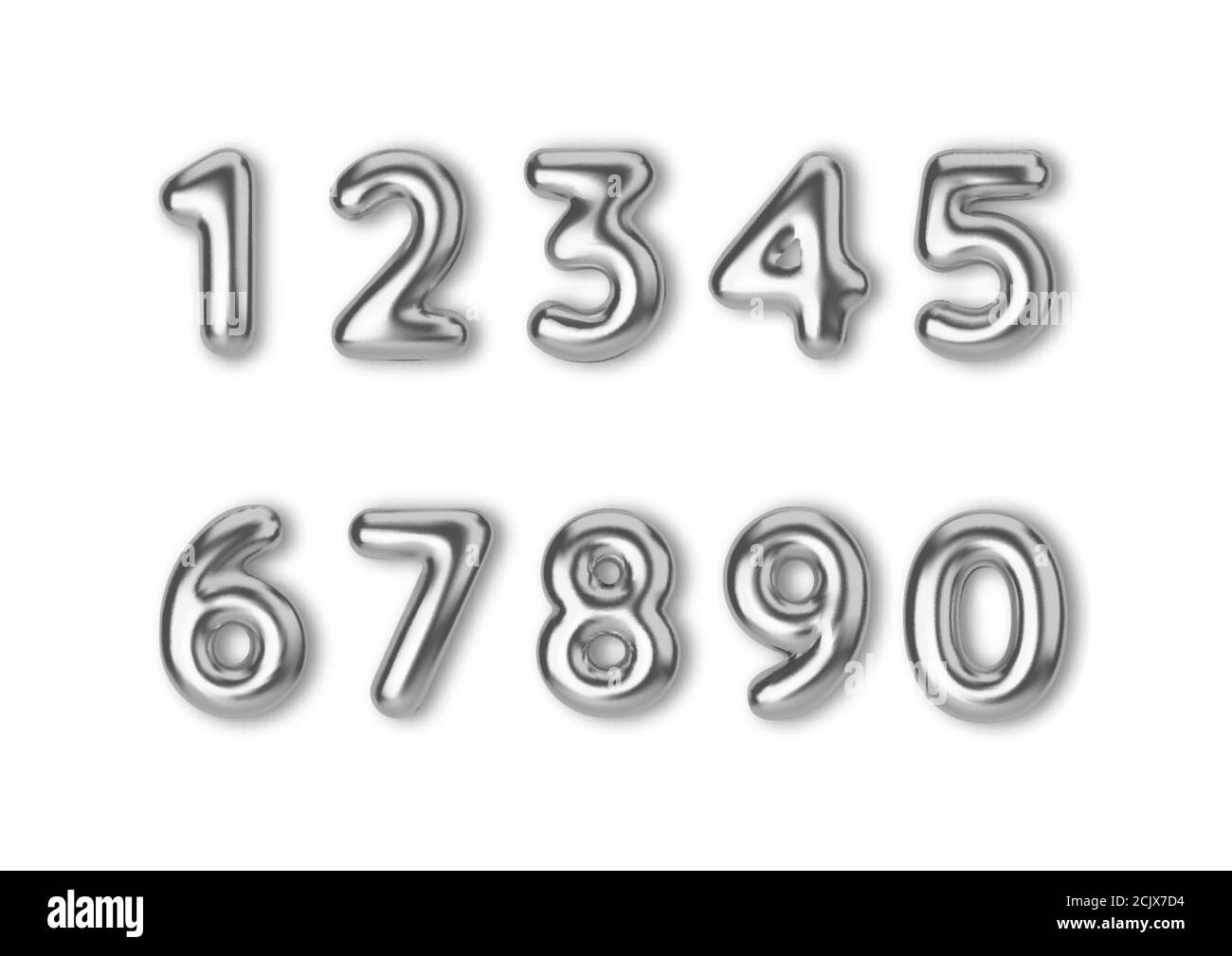 Realistic 3d font color silver numbers. Number in the form of metal balloons.  Stock Vector