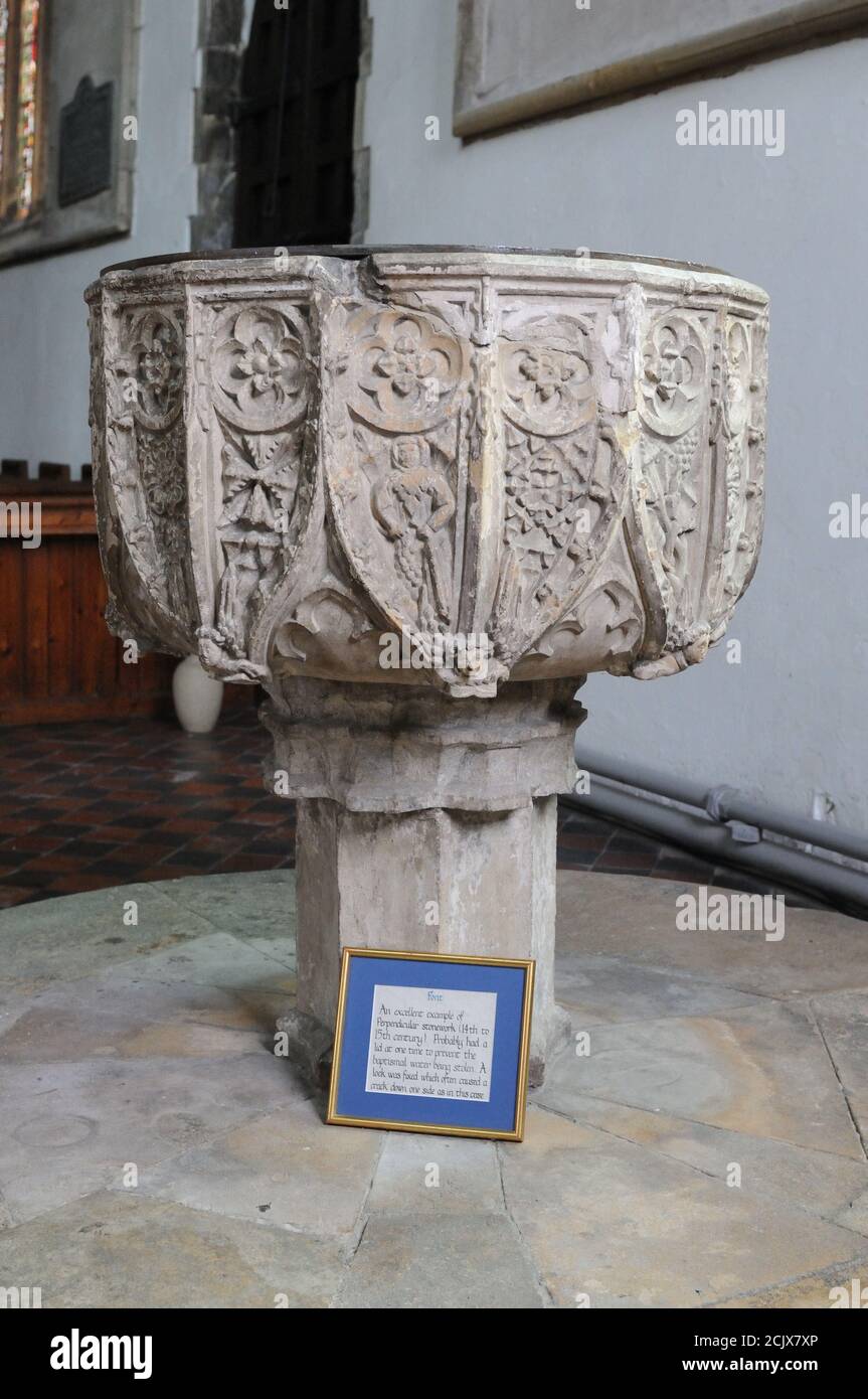 Late 14th-century Perpendicular font in St Augustine's Church, Hedon, East Yorkshire, England Stock Photo