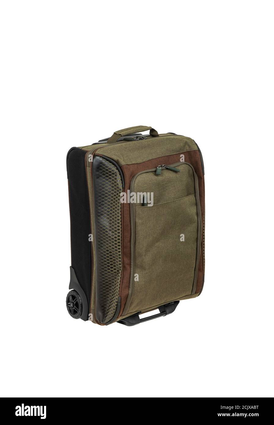 Suitcase with telescopic handle and on wheels isolate on white