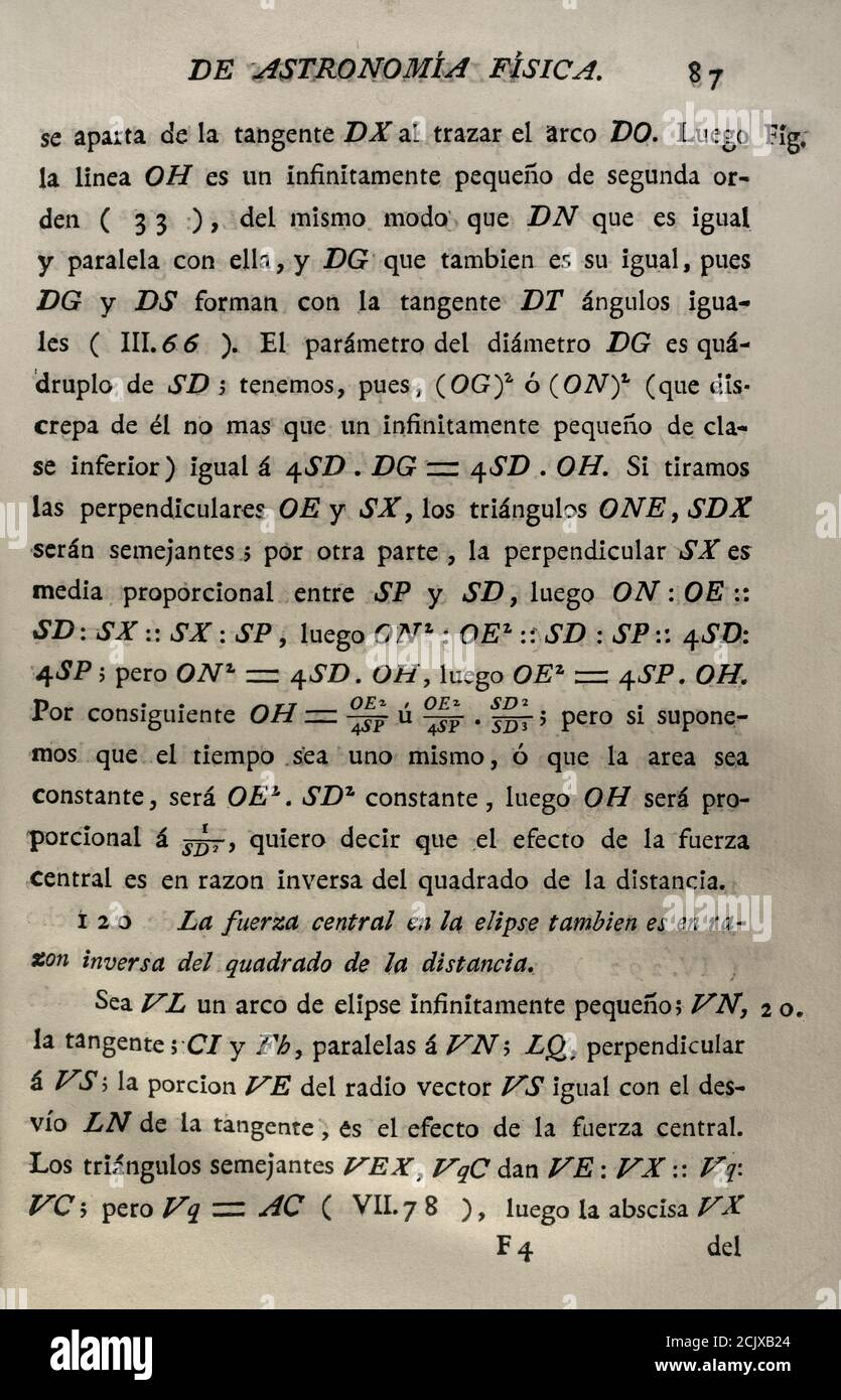 'Elementos de Matematica' (Elements of Mathematics), by the Spanish architect and mathematician Benito Bails (1730-1797). Physical astronomy calculations. Volume VIII, which is about elements of physical astronomy, elements of chronology, elements of geography, elements of gnomonics, elements of perspective and elements of speculative music. Published in Madrid, 1775. Stock Photo