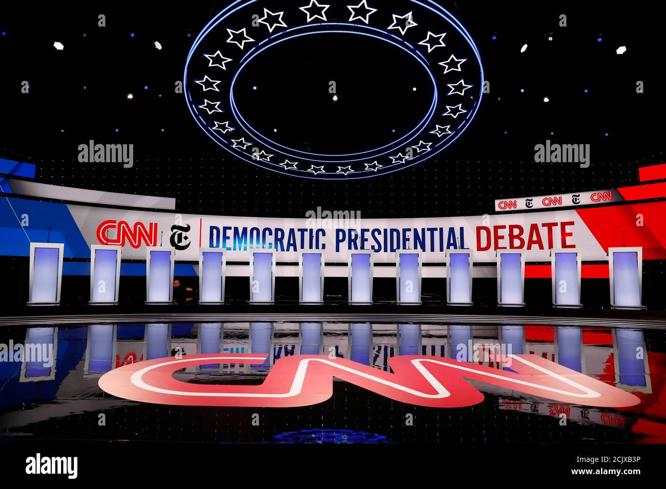 The 12 candidates' podiums stand ready before the fourth U.S. Democratic presidential candidates 2020 election debate at Otterbein University in Westerville, Ohio U.S. October 15, 2019.   REUTERS/Jim Bourg Stock Photo