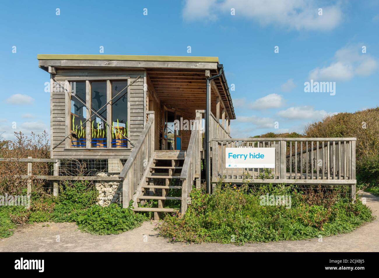 New bird hide at RSPB Pagham Harbour local nature reserve, West Sussex, UK. The Ferry Hide. Stock Photo