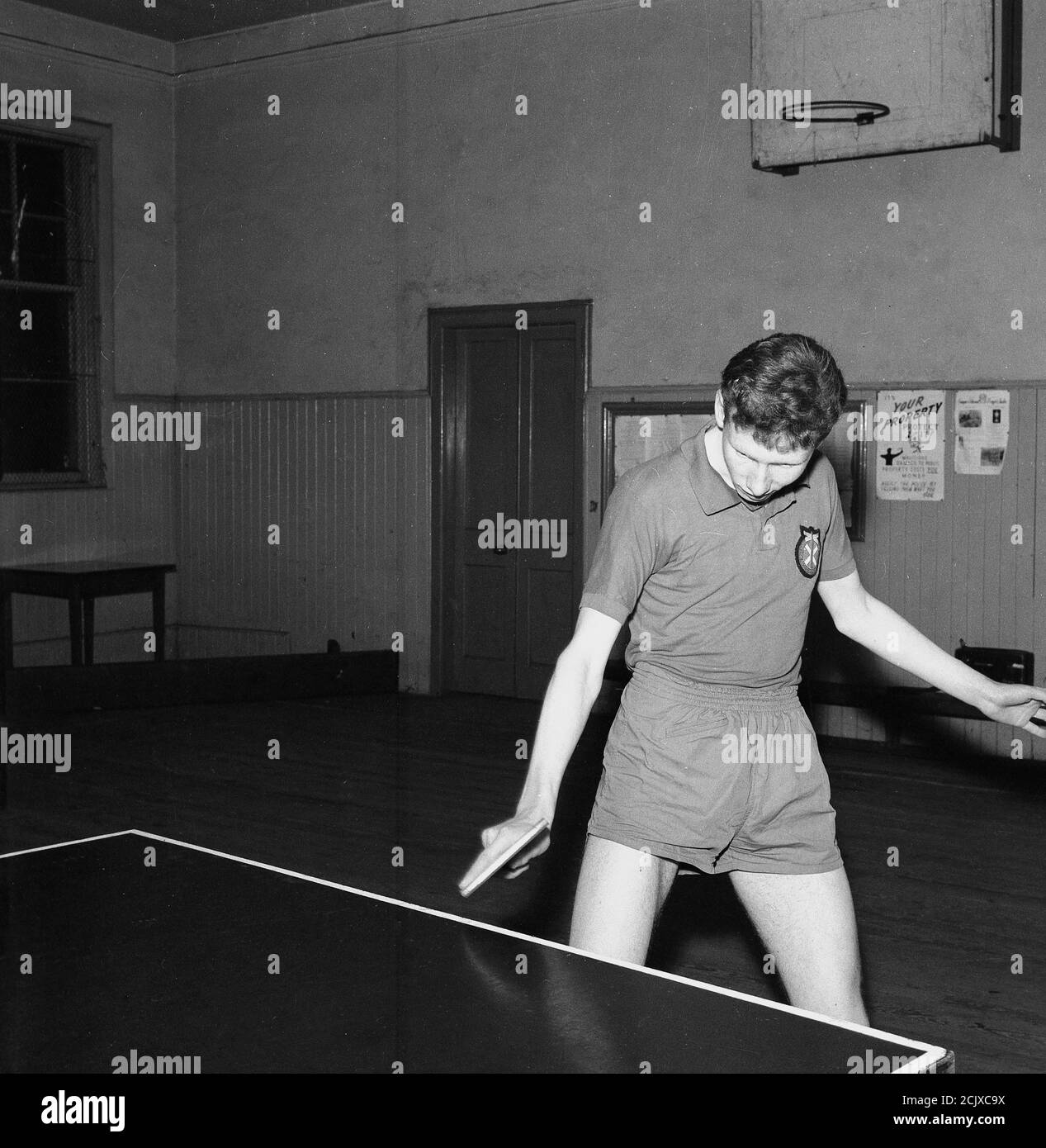 1960s, historical, youth club, Bowhill, Soctland, a youngster playing table tennis or ping pong. Stock Photo