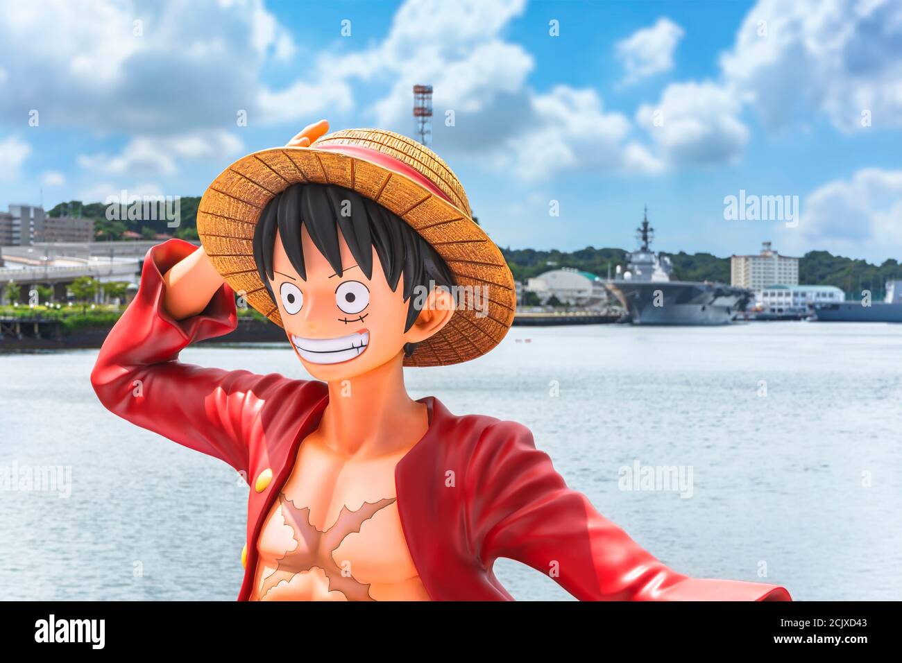 yokosuka, japan - july 19 2020: Close-up on the bust of the real size figurine of the hero Monkey D. Luffy from the manga One Piece by Eiichiro Oda on Stock Photo