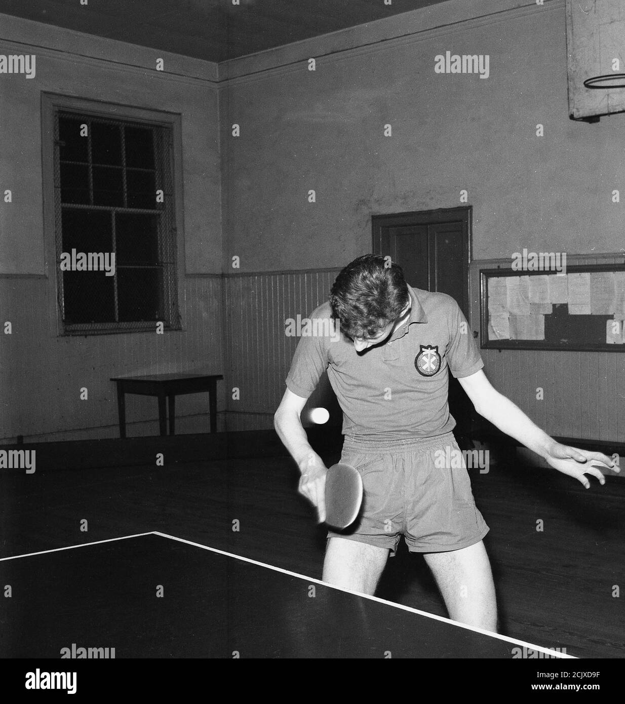 1960s, historical, youth club, Bowhill, Soctland, a youngster playing table tennis or ping pong. Stock Photo