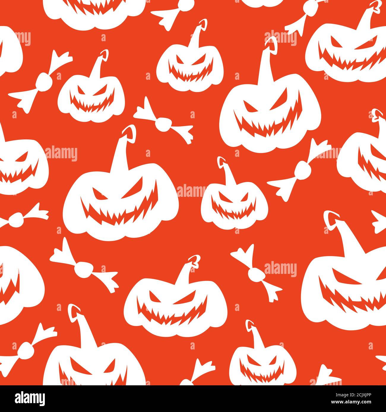 Red seamless vector pattern with halloween jack-o-lantern pumpkins and candy. Stock Vector