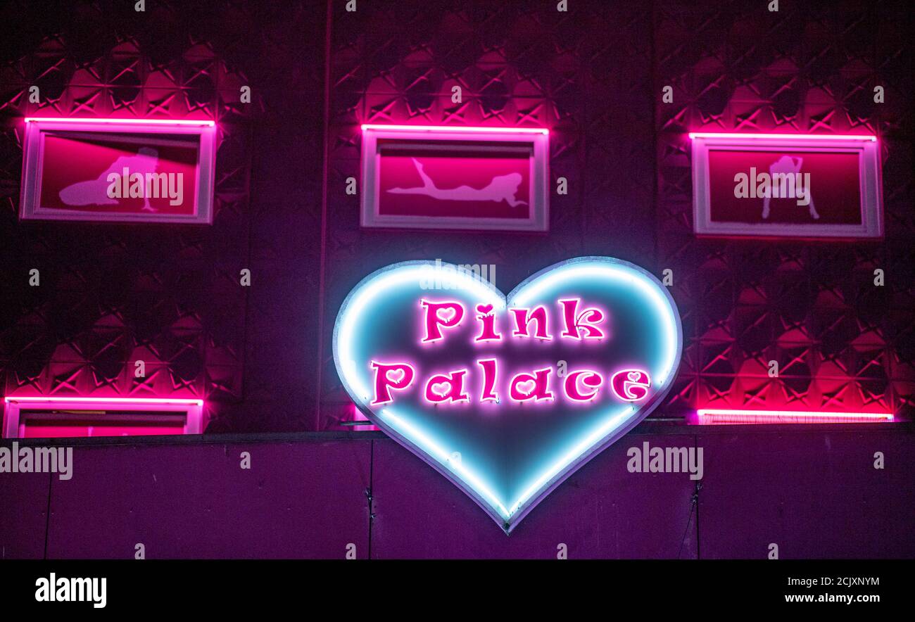 The illuminated advertising of the 'Pink Palace' running house is...
