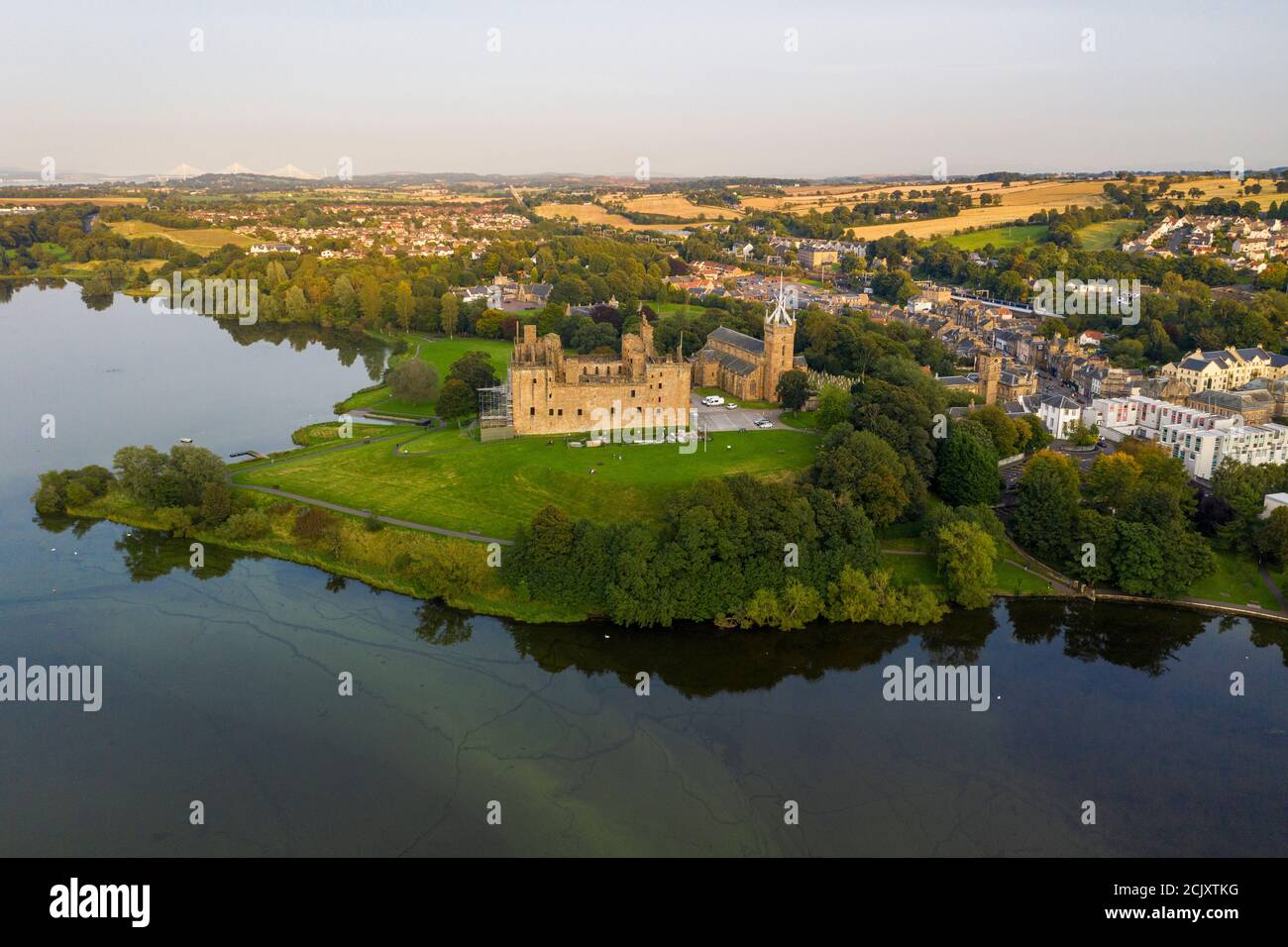 Aerial view of Linlithgow Palace and Linlithgow Loch, West Lothian