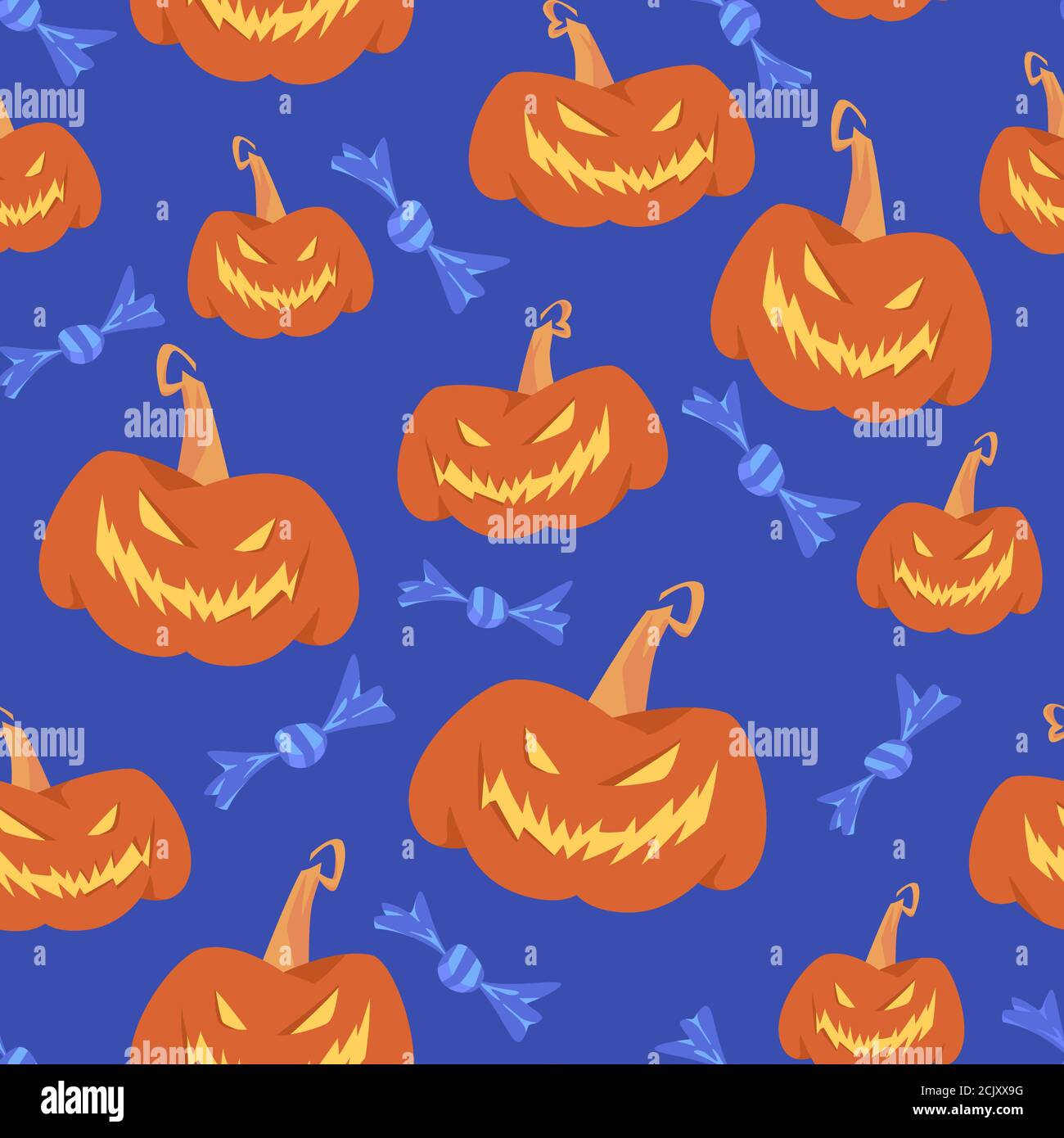 Blue seamless vector pattern with halloween jack-o-lantern pumpkins and candy. Stock Vector