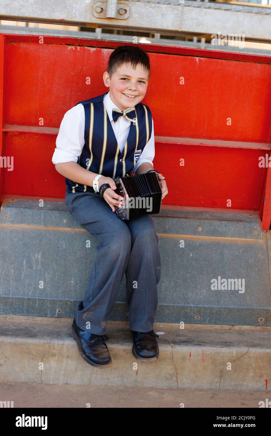 South African Afrikaans boy playing 'boeremusiek' Stock Photo