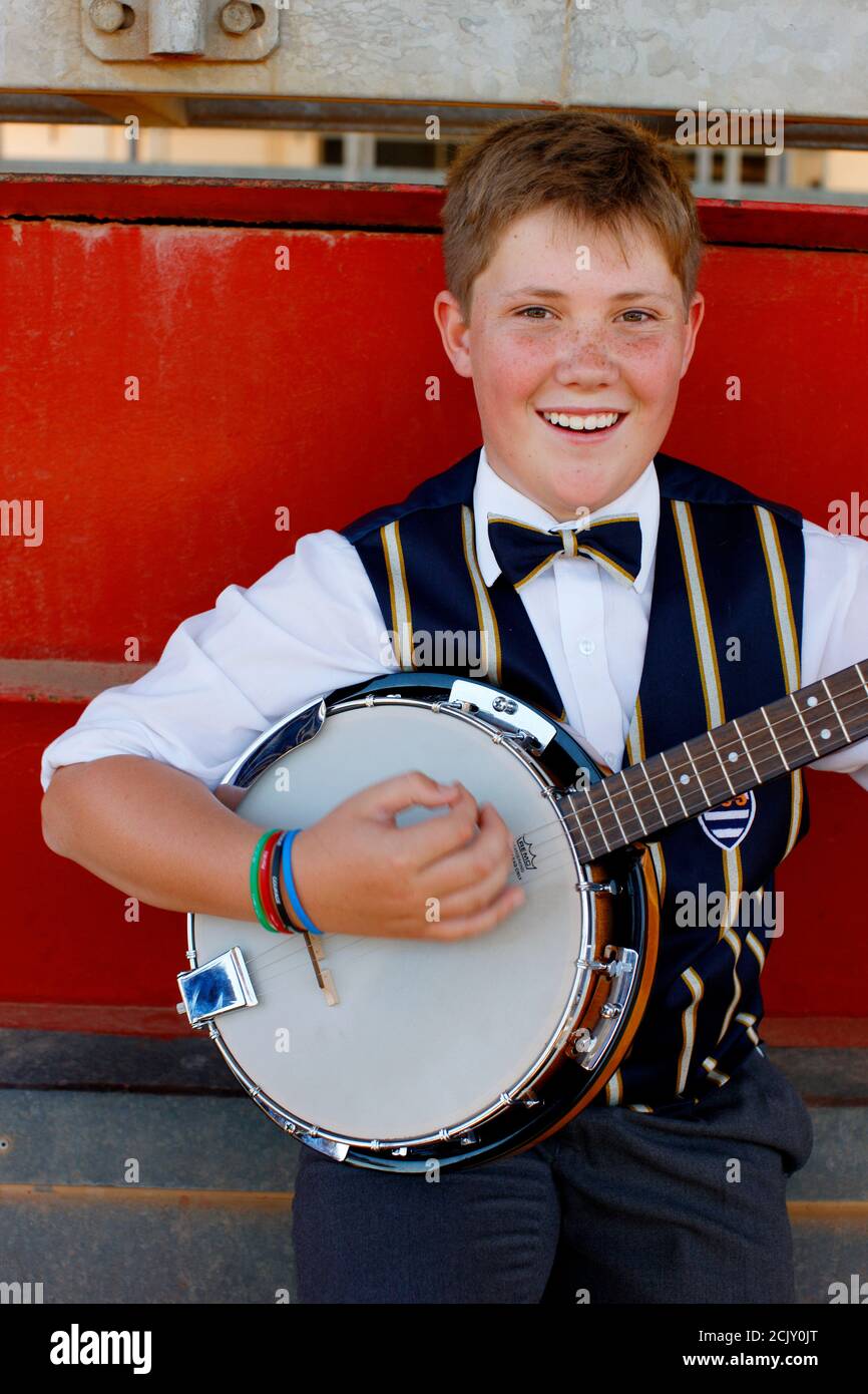 South African Afrikaans boy playing 'boeremusiek' Stock Photo