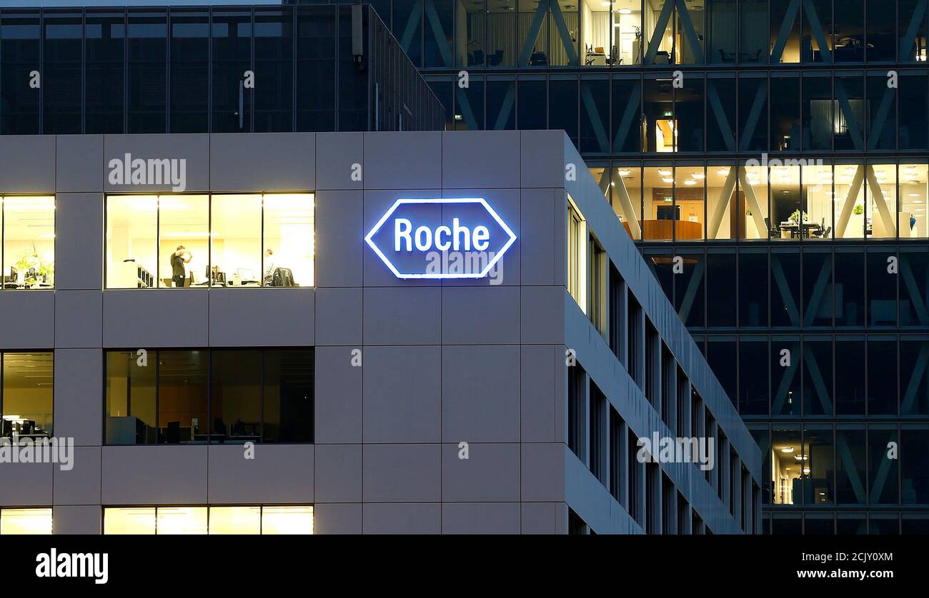 The logo of Swiss pharmaceutical company Roche is seen at a plant in