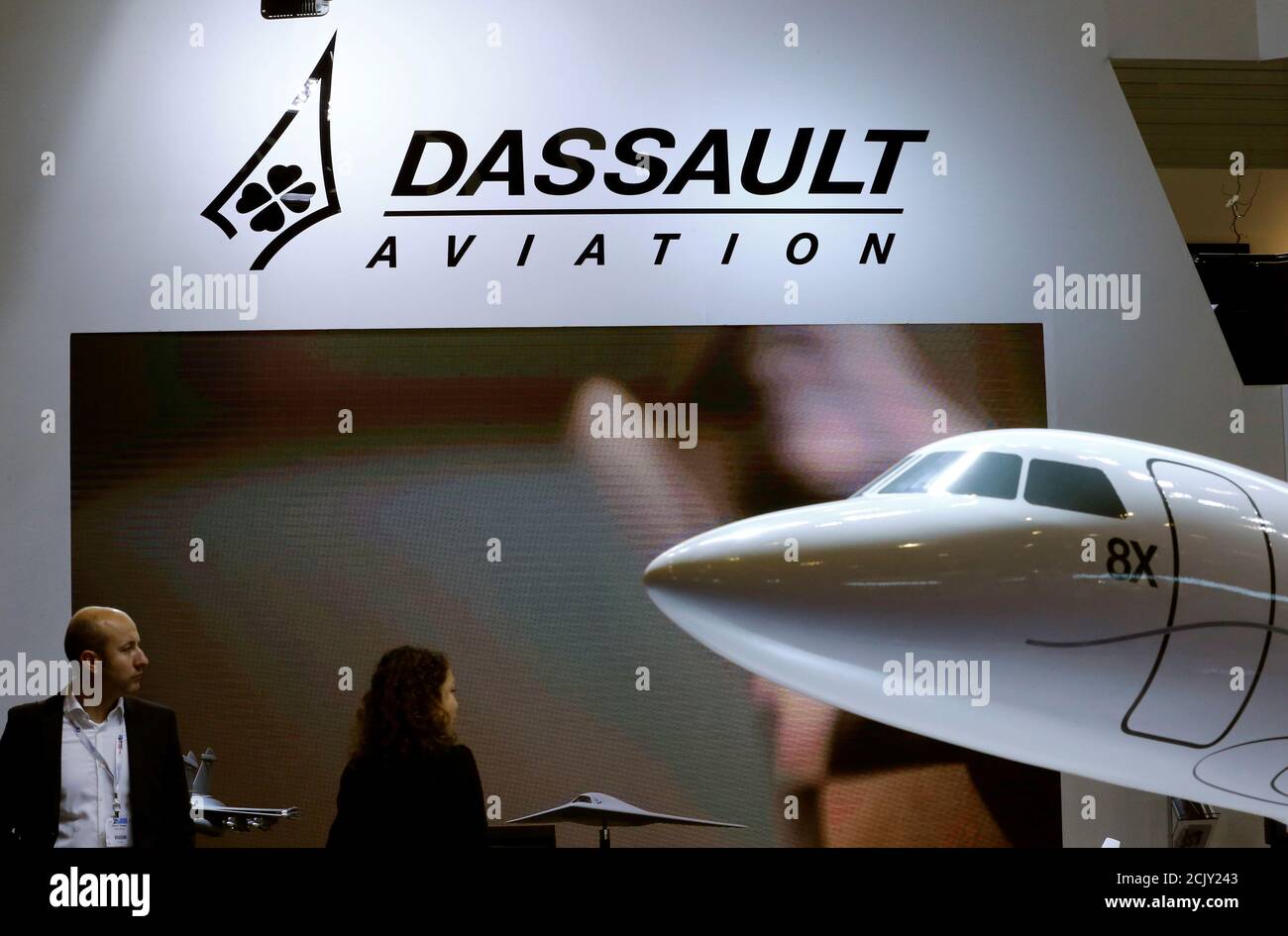 A Dassault Aviation logo is pictured on the company booth during the  European Business Aviation Convention