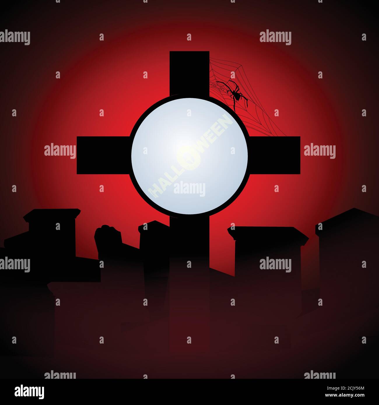 Halloween Black And Red Background With Graveyard And Tombstone With Circular Copy Space And Text Watermark Inside It And Spider Silhouette Stock Vector