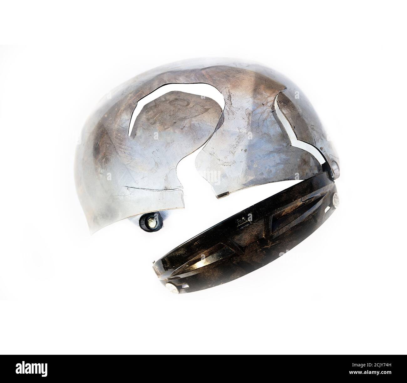 Broken helmet after accident on a white background. Safety and road