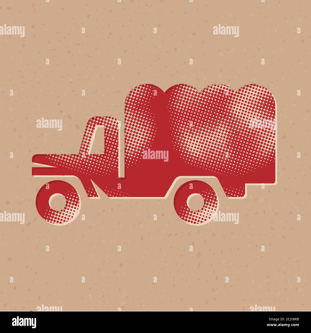 Military truck icon in halftone style. Grunge background vector ...