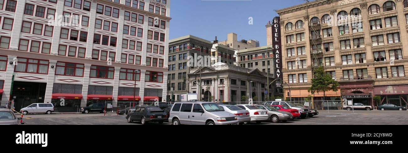 Los Angeles, California, USA - August 2002:  Archival panoramic view of historic buildings at the corner of 4th Street and Main Street in downtown Los Angeles. Stock Photo