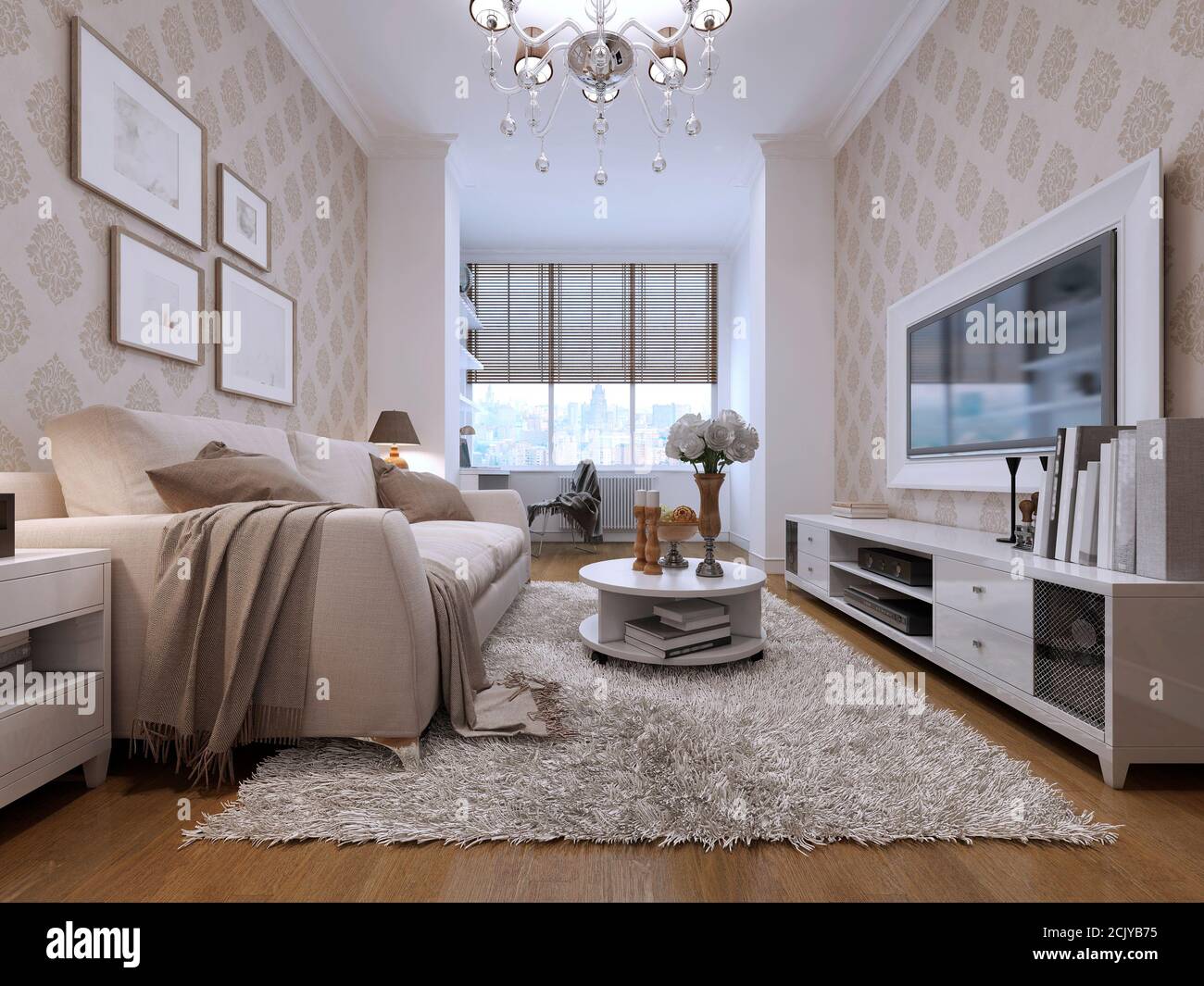 Guest rooms in Art Deco style. With media system with TV in a white frame. And a large window. 3Drender. Stock Photo