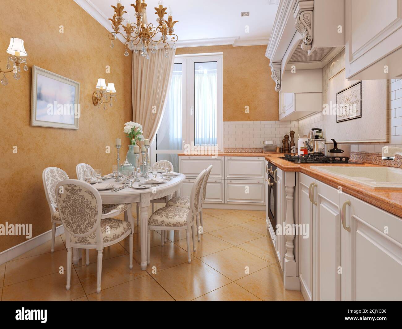 Beautiful Kitchen In An Art Deco Style With White Furniture And Walls Plastered With Orange With A Large Window 3d Render Stock Photo Alamy