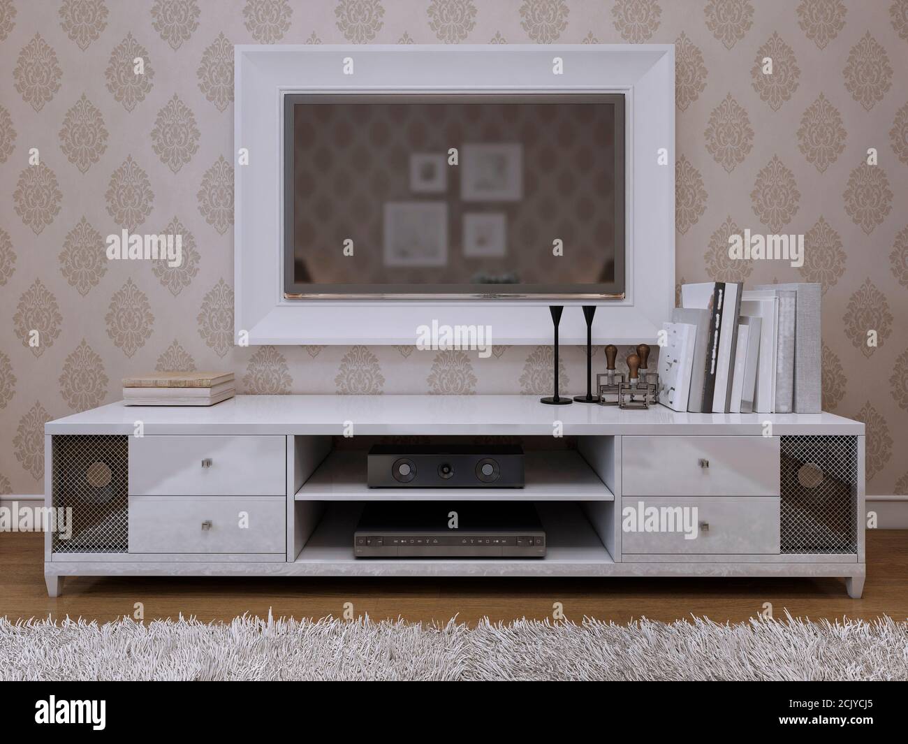 TV unit with a TV on the wall in a white frame. Modern and Art Deco style.  3D render Stock Photo - Alamy