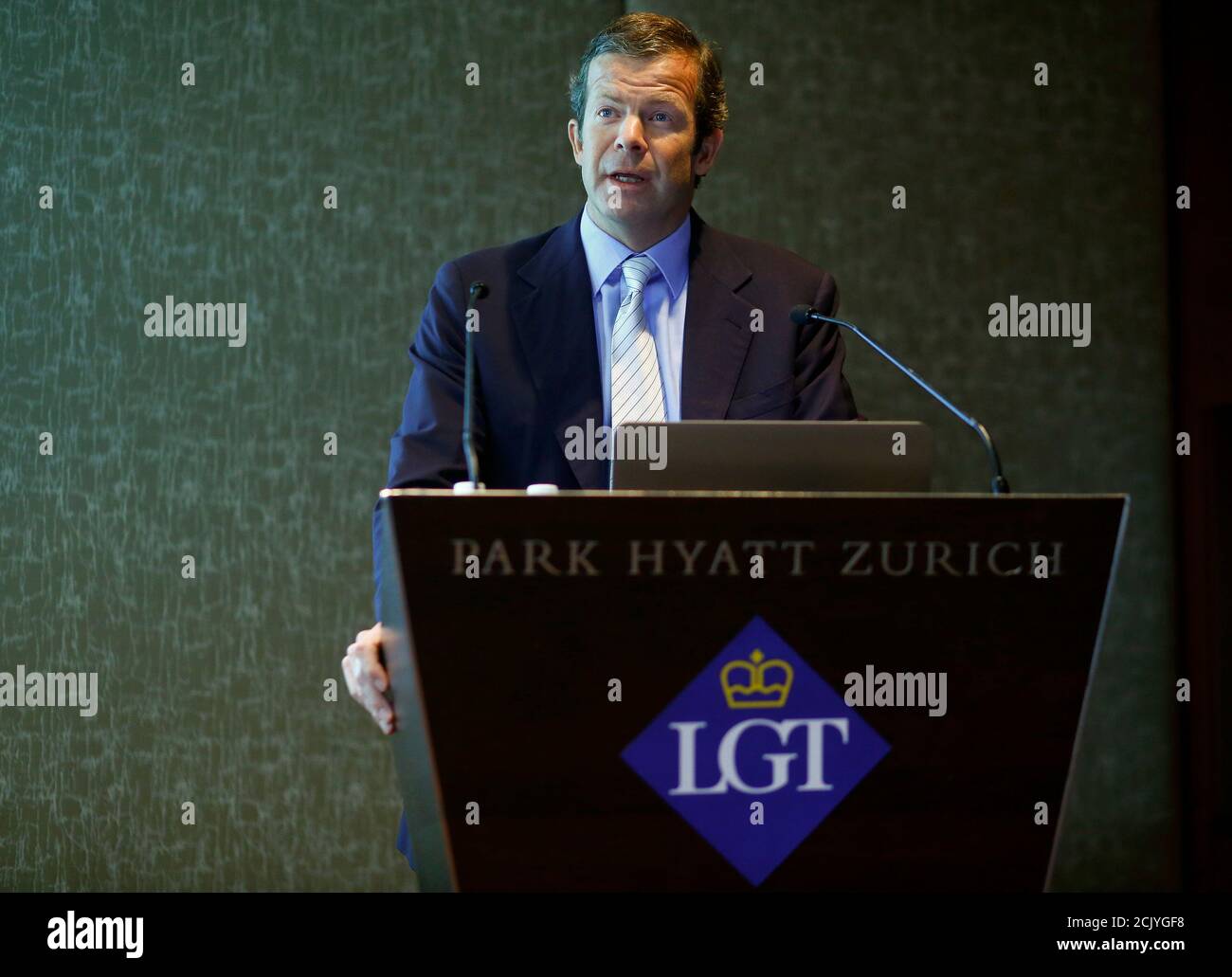 Prince Max von und zu Liechtenstein, CEO of Liechtenstein's LGT group addresses the annual news conference in Zurich March 23, 2015. Net profits at LGT, Liechtenstein's biggest bank, rose more than 18 percent last year, the bank reported on Monday, after it attracted fresh funds and acquired a large portfolio of accounts from HSBC's private bank. The Vaduz-based lender, owned by the principality's royal family, said last year it was buying from HSBC $12.5 billion of private banking assets that the British bank wanted to offload to reduce the size of its wealth management arm.   REUTERS/Arnd Wi Stock Photo