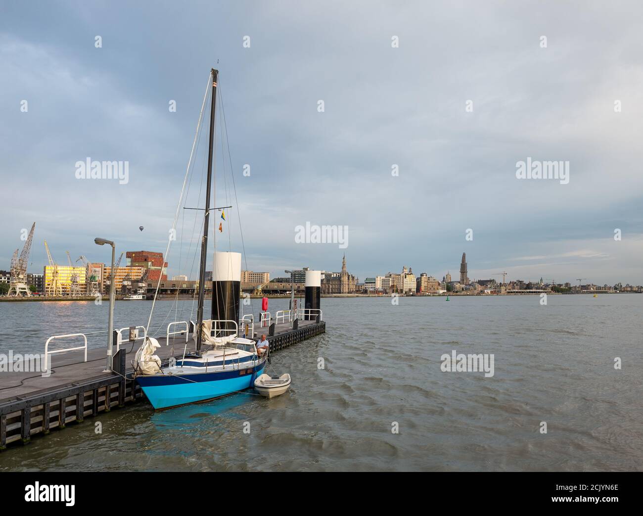 Skyline of Antwerp from the Jetty of the left bank Stock Photo