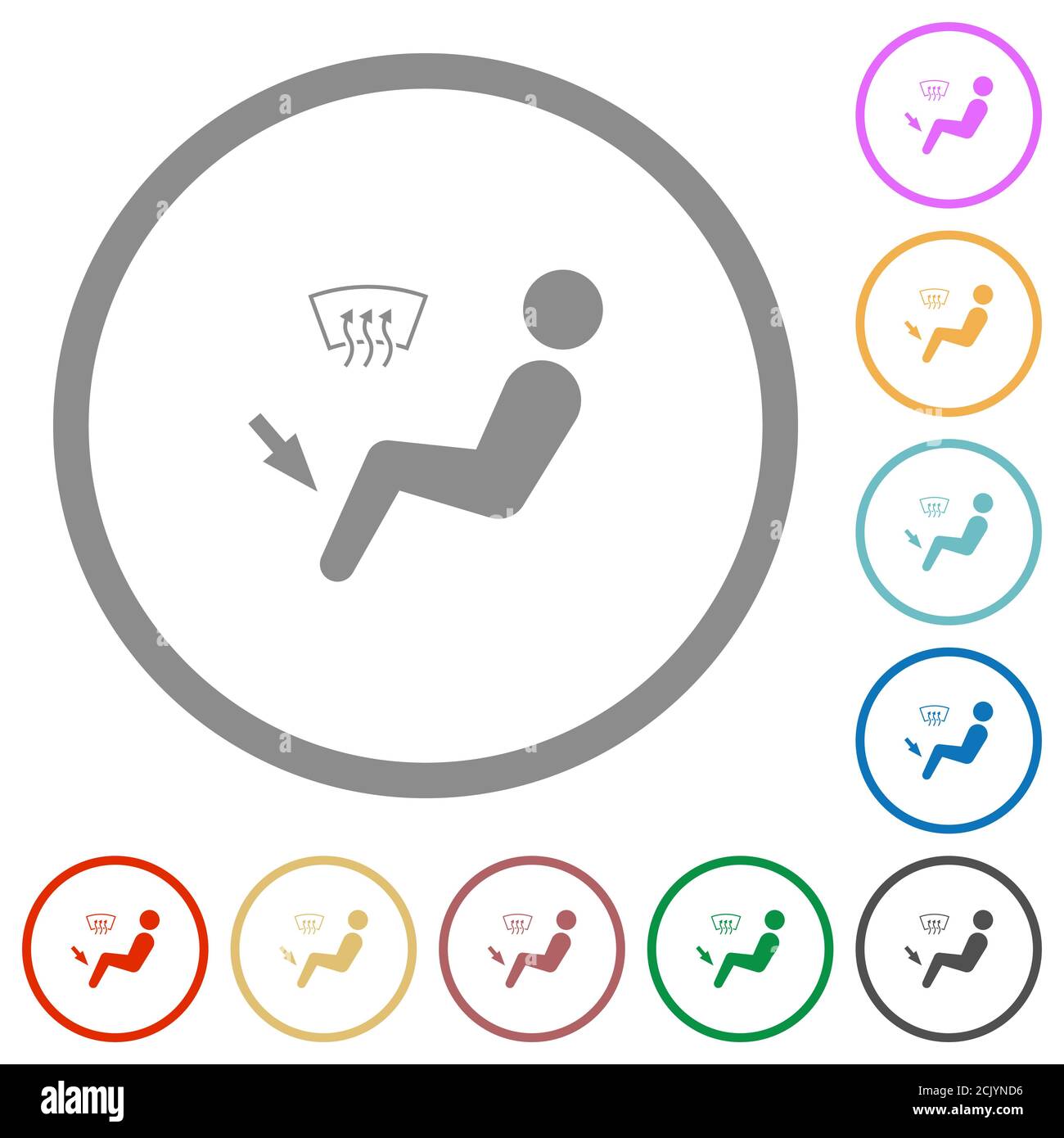 Car air flow direction foot and defrost flat color icons in round