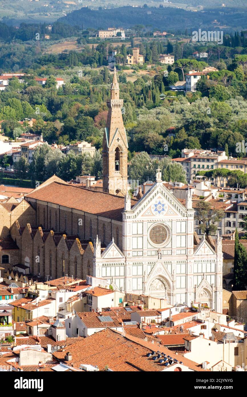 Aerial view of the Santa Croce Basilica and the historic centre of the medieval city of Florence in Italy Stock Photo