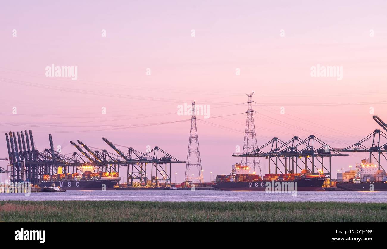 Large container vessel CMA CGM Niagara is being towed into the Deurganck dock of the Port of Antwerp Stock Photo