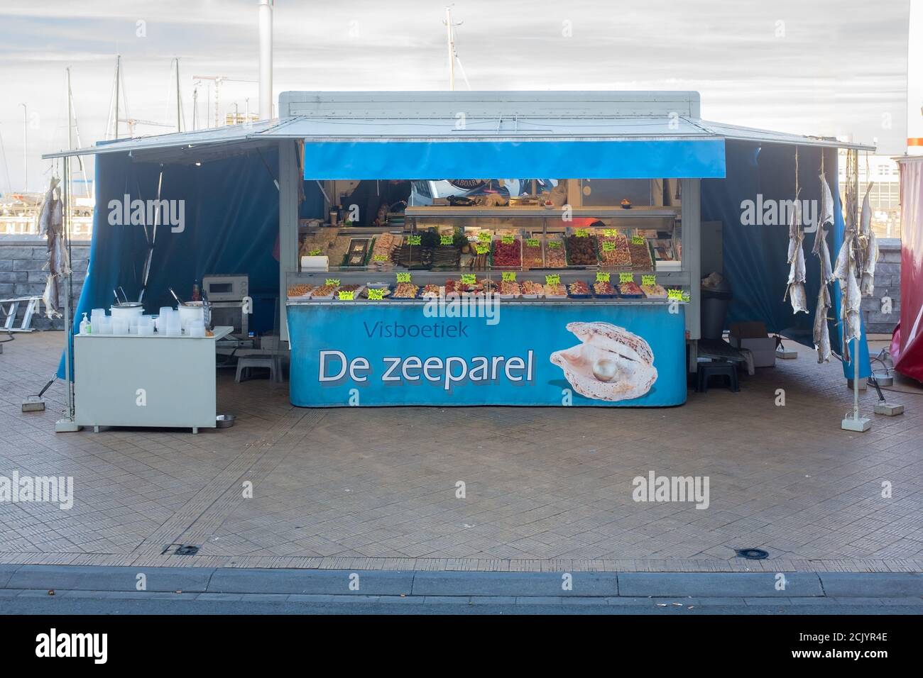 Stall on the open air fish market in Oostende. Stock Photo