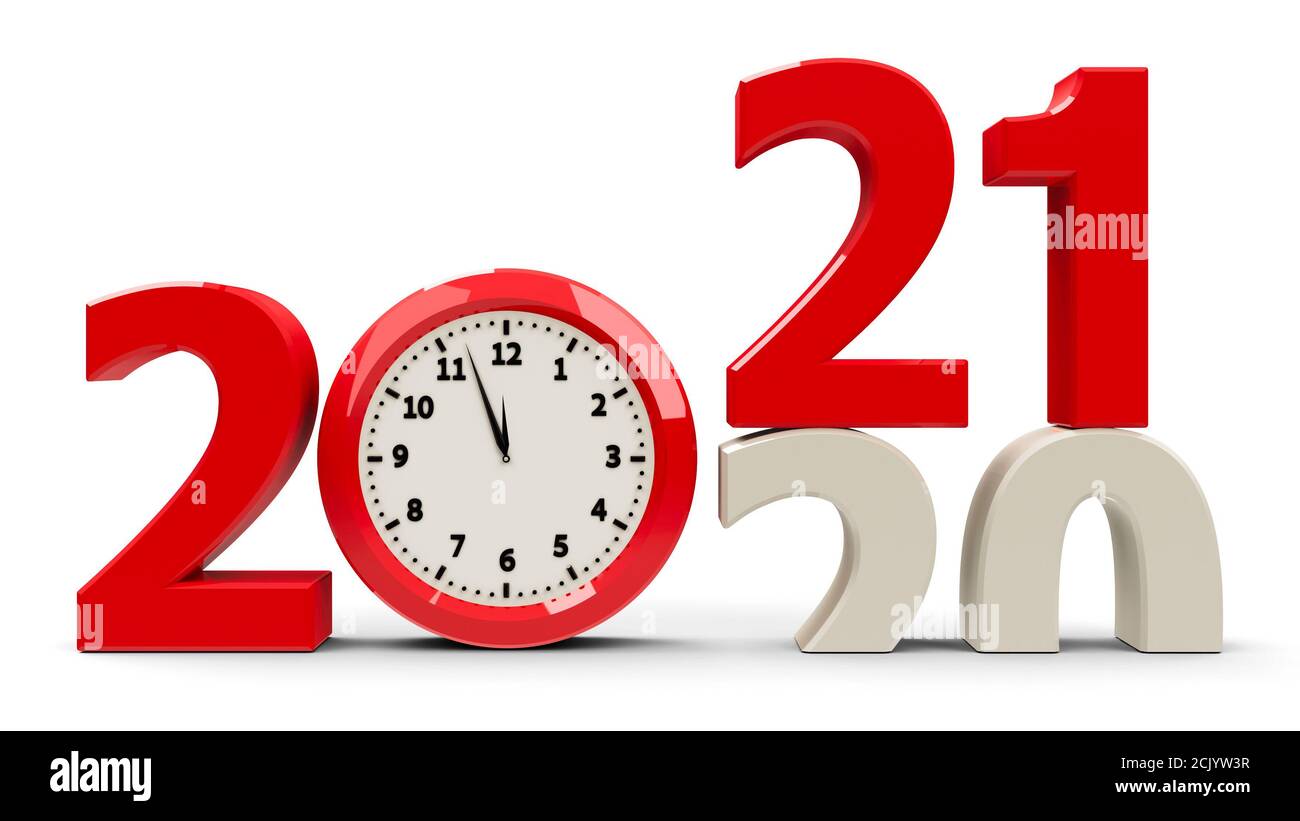 2020-2021 change with clock dial represents coming new year 2021, three-dimensional rendering, 3D illustration Stock Photo