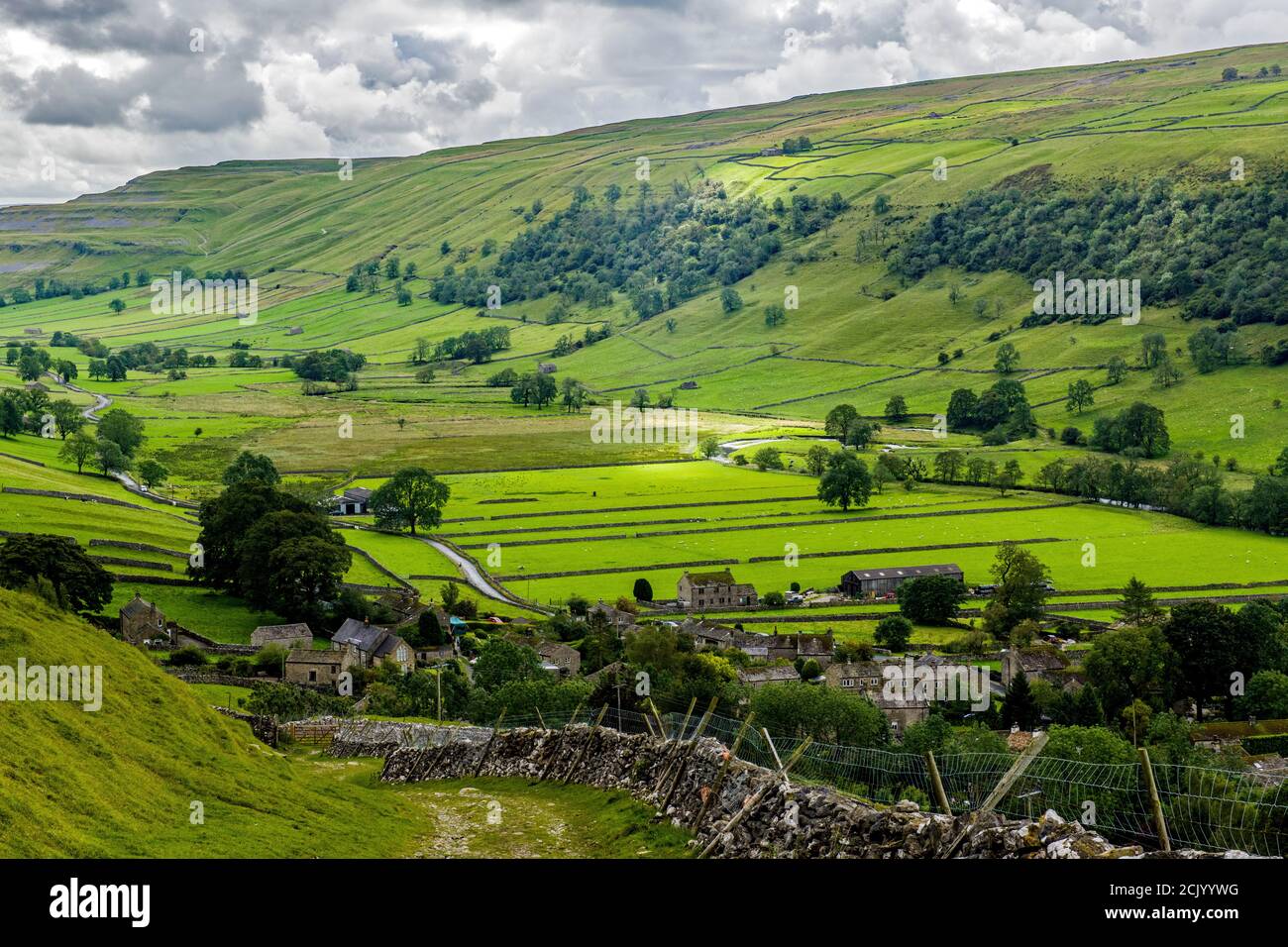 Looking Down on Starbotton in the Upper Wharfedale valley in the Yorkshire Dales National Park, North West Yorkshire on a September Day. Stock Photo