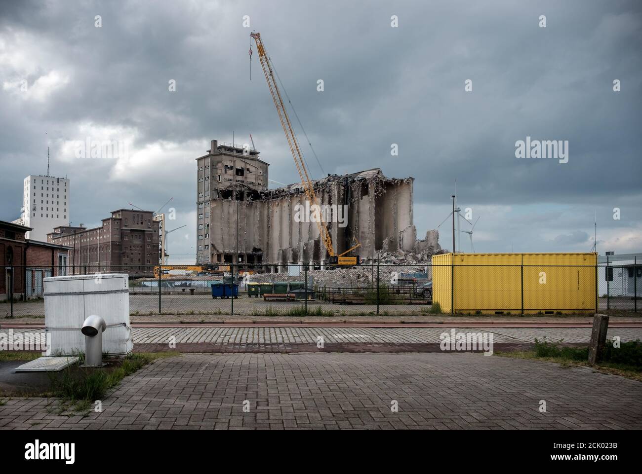 Old grain warehouse SAGMA being demolished to make way for an extension of the Antwerp ringway. Stock Photo