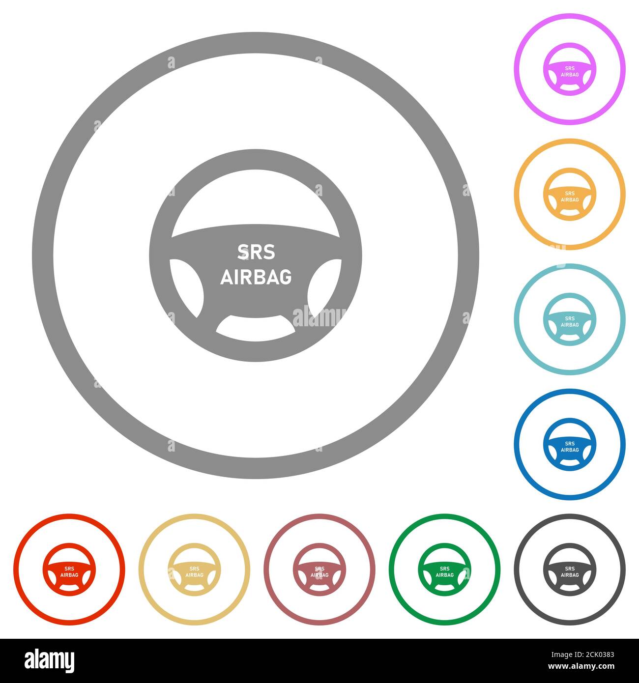 Steering wheel airbag flat color icons in round outlines on white background Stock Vector