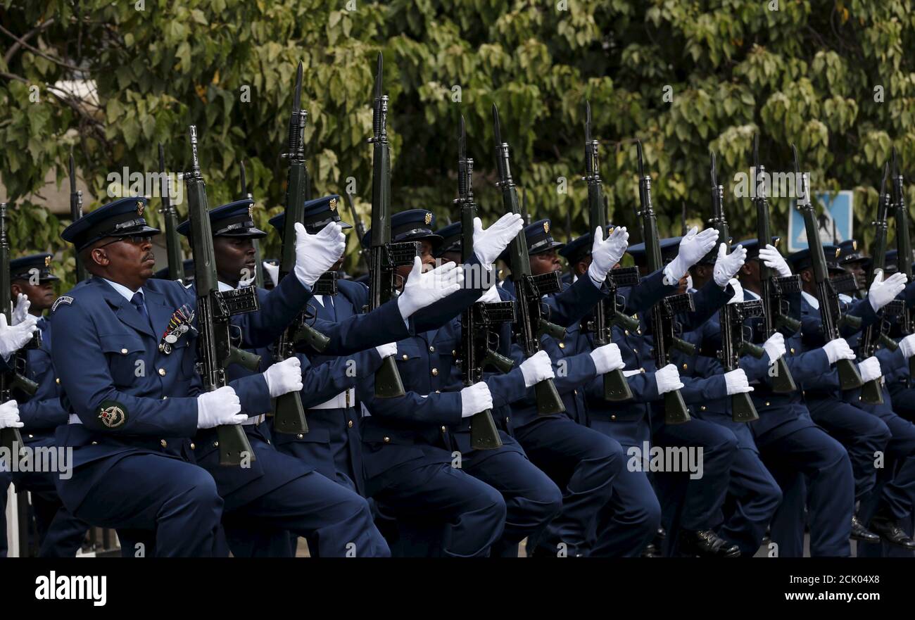 Members of the Kenya Air Force parade outside the Parliament buildings before the annual State of the Nation address by President Uhuru in Kenya's capital Nairobi, March 31, 2016. REUTERS/Thomas Mukoya Stock Photo