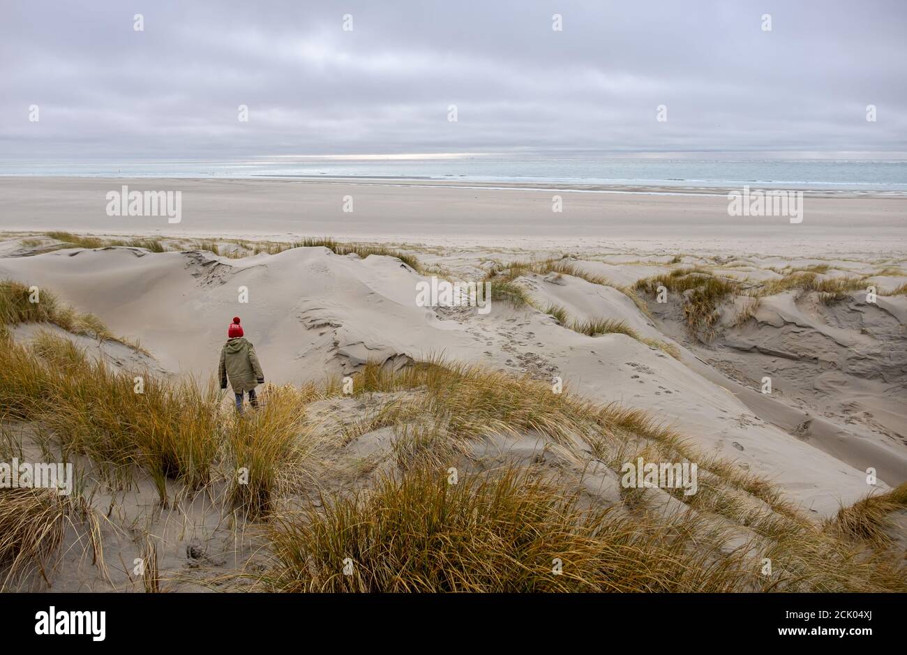 A young boy walking in the beautiful dunes of Texel, the Netherlands Stock Photo