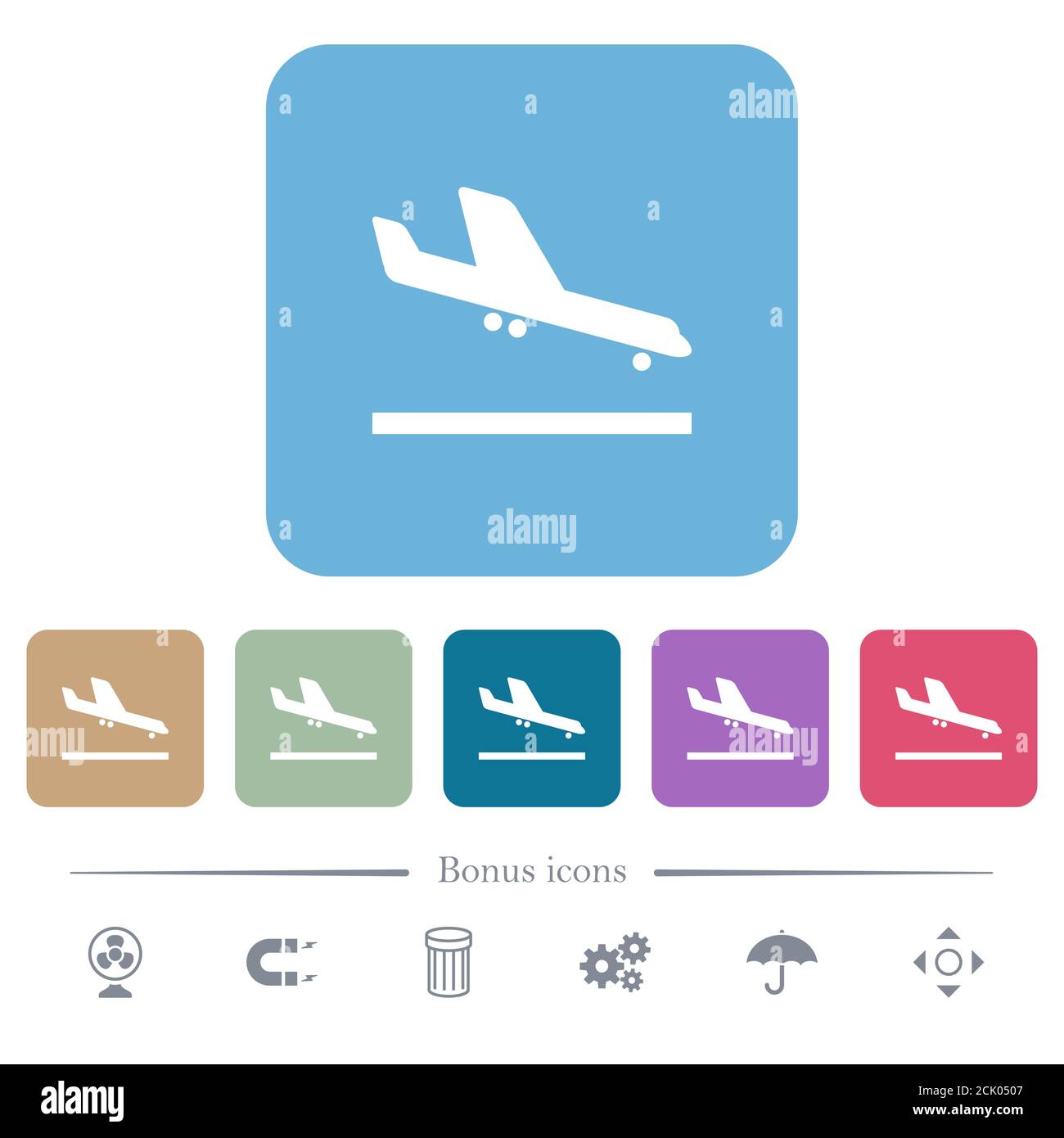 Airplane landing white flat icons on color rounded square backgrounds ...