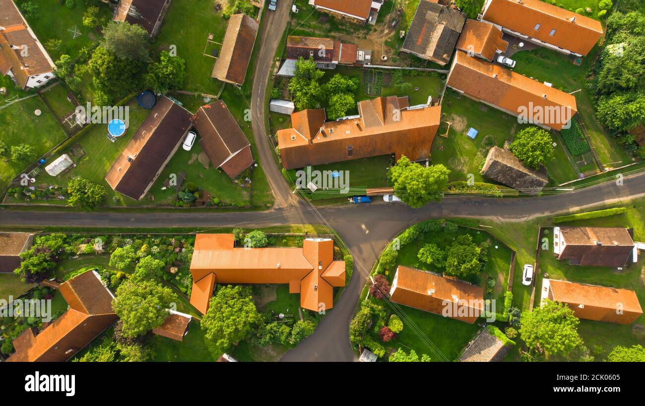 Aerial view of a small village.Top view of traditional housing estate in Czech. Looking straight down with a satellite image style.Houses from above, Stock Photo