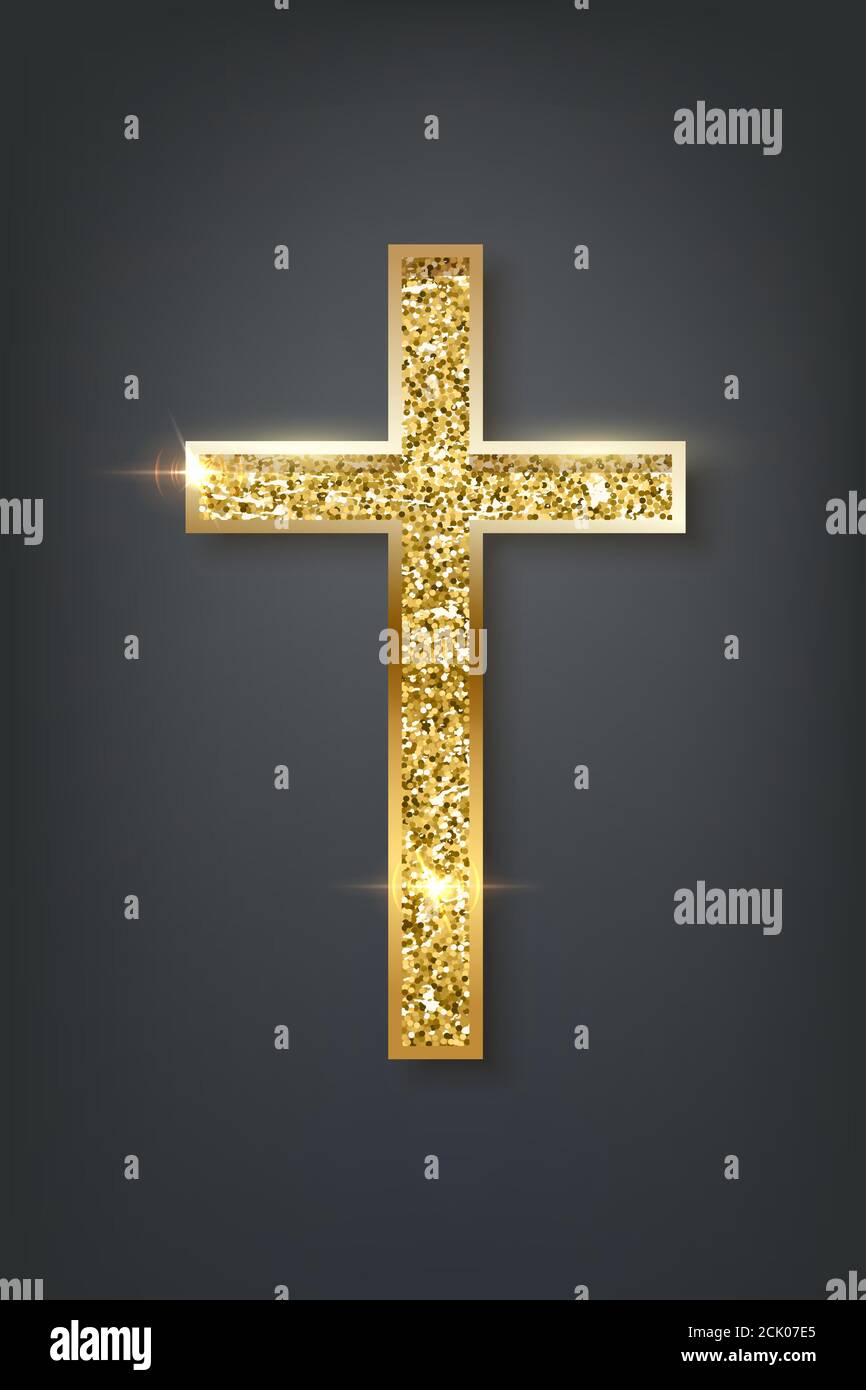 Gold prayer cross realistic vector illustration Stock Vector