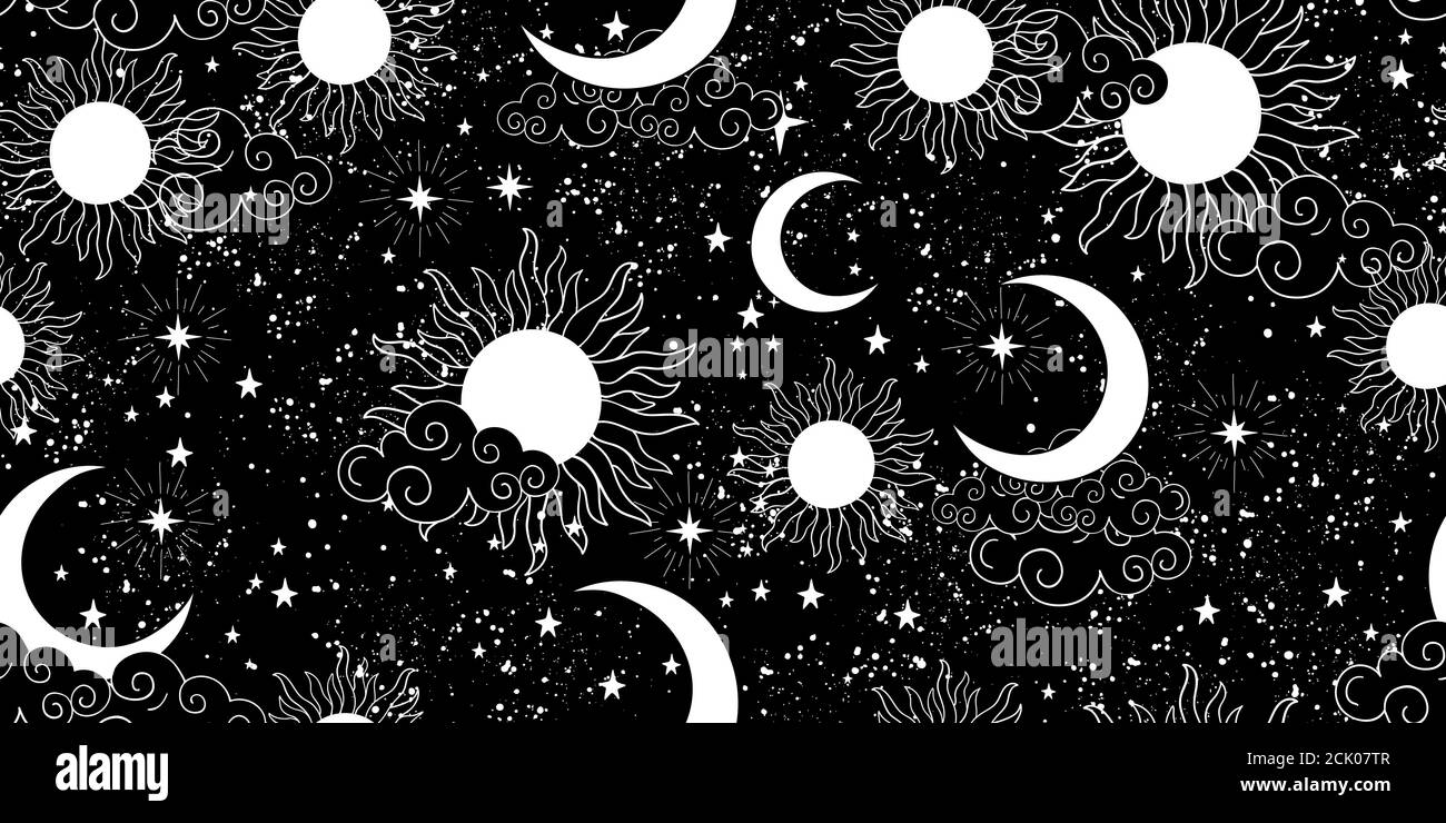 Seamless black and white space pattern with sun, crescent and stars on a blue background. Mystical ornament of the night sky for wallpaper, fabric, astrology, fortune telling. Vector illustration Stock Vector