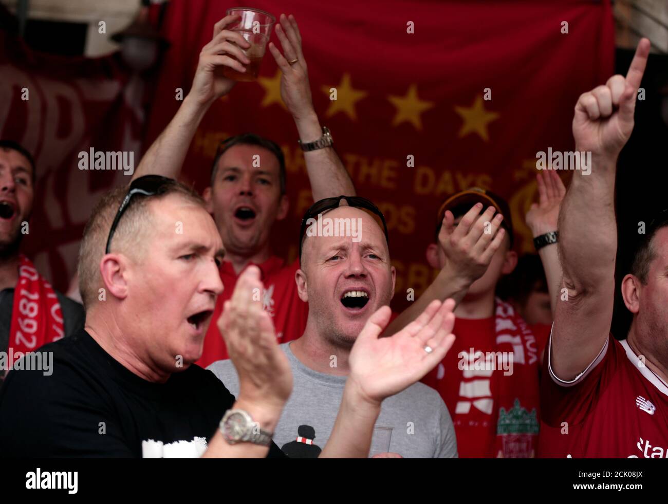 Liverpool supporters sing before the AS Roma vs Liverpool Champions League semi-final soccer match in Rome, Italy May 2, 2018. REUTERS/Yara Nardi Stock Photo