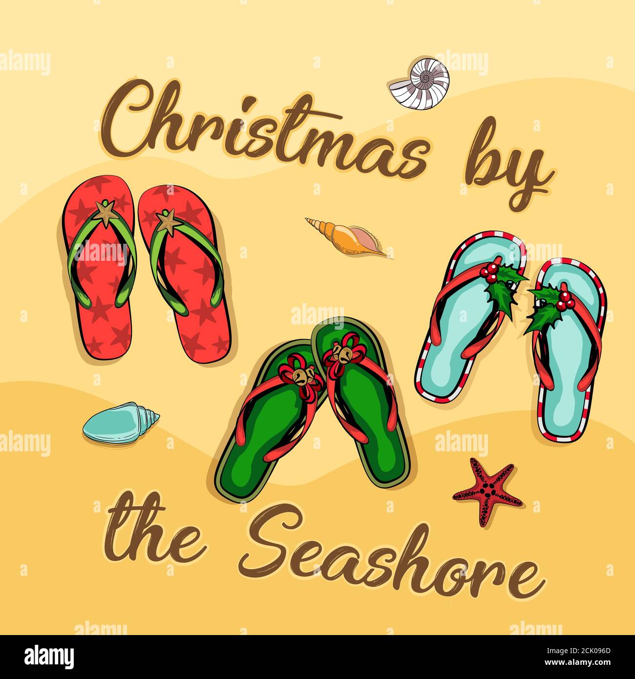 merry christmas and a happy new year in a warm climate design tropical  Christmas, Holiday greeting card with Christmas style sandals on the beach  Stock Vector Image & Art - Alamy