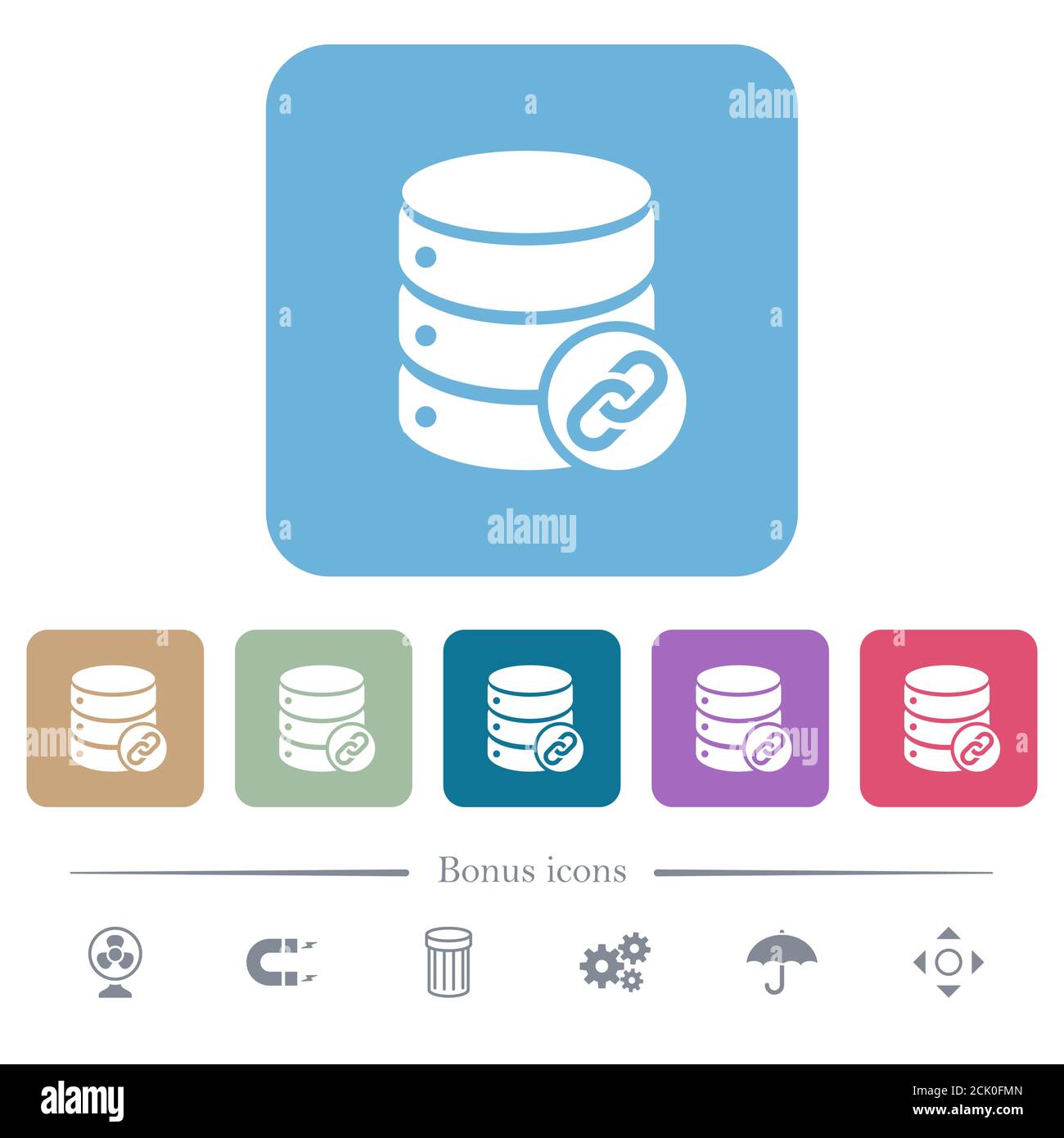 Database attachment white flat icons on color rounded square ...